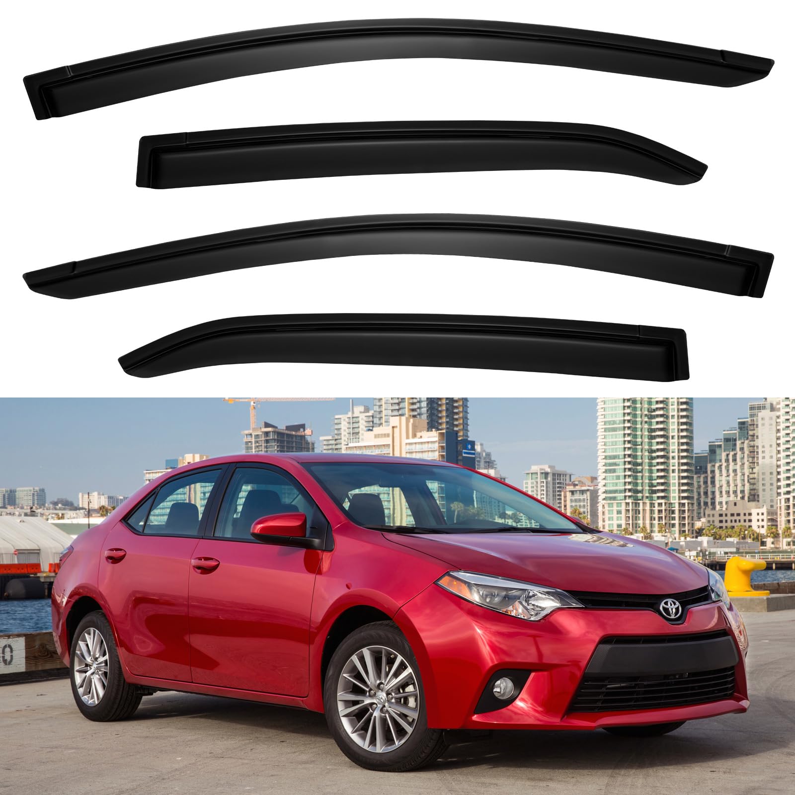 YQAUTEC window visors on a 2014–2019 Toyota Corolla outside-channel fit for rain protection.