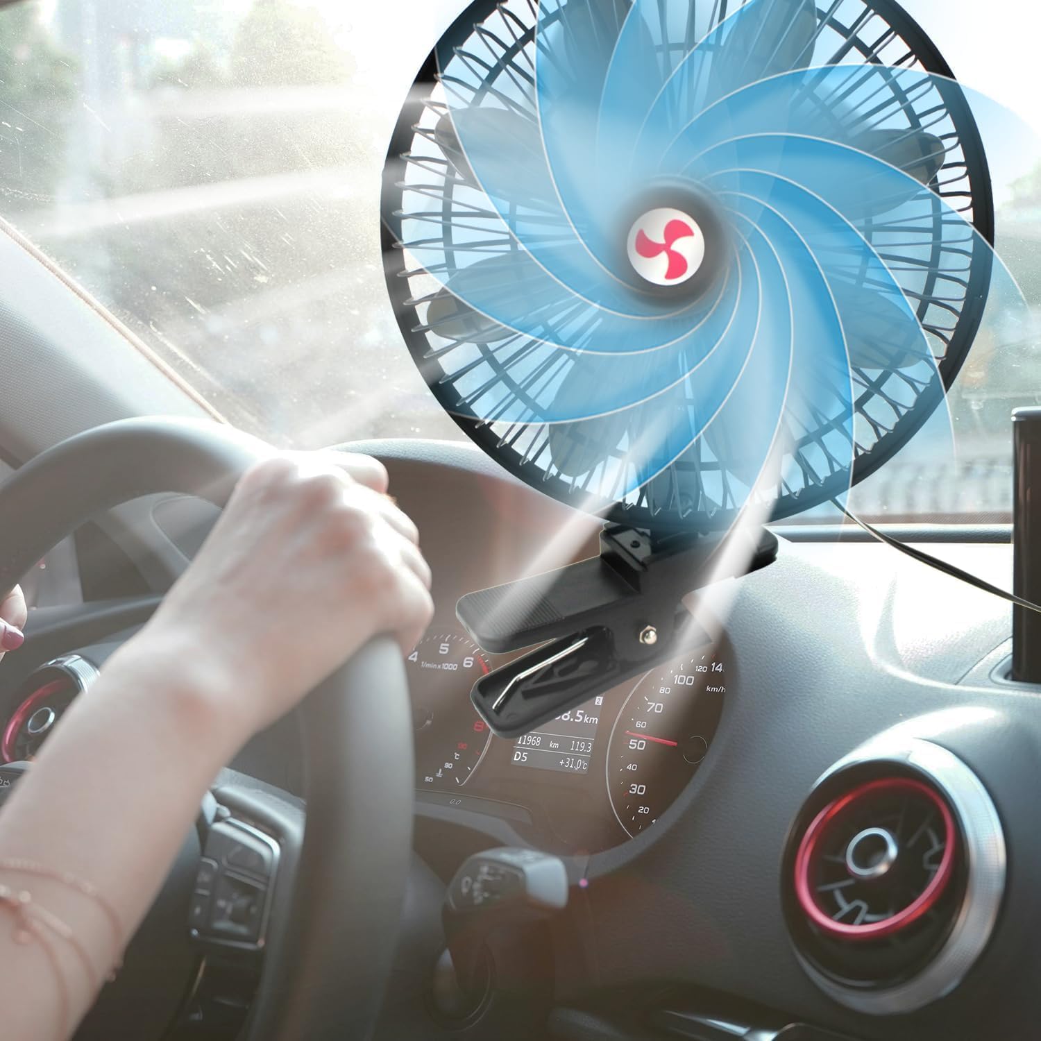 YQSIYU clip fan with dual-speed switch on vehicle vent.
