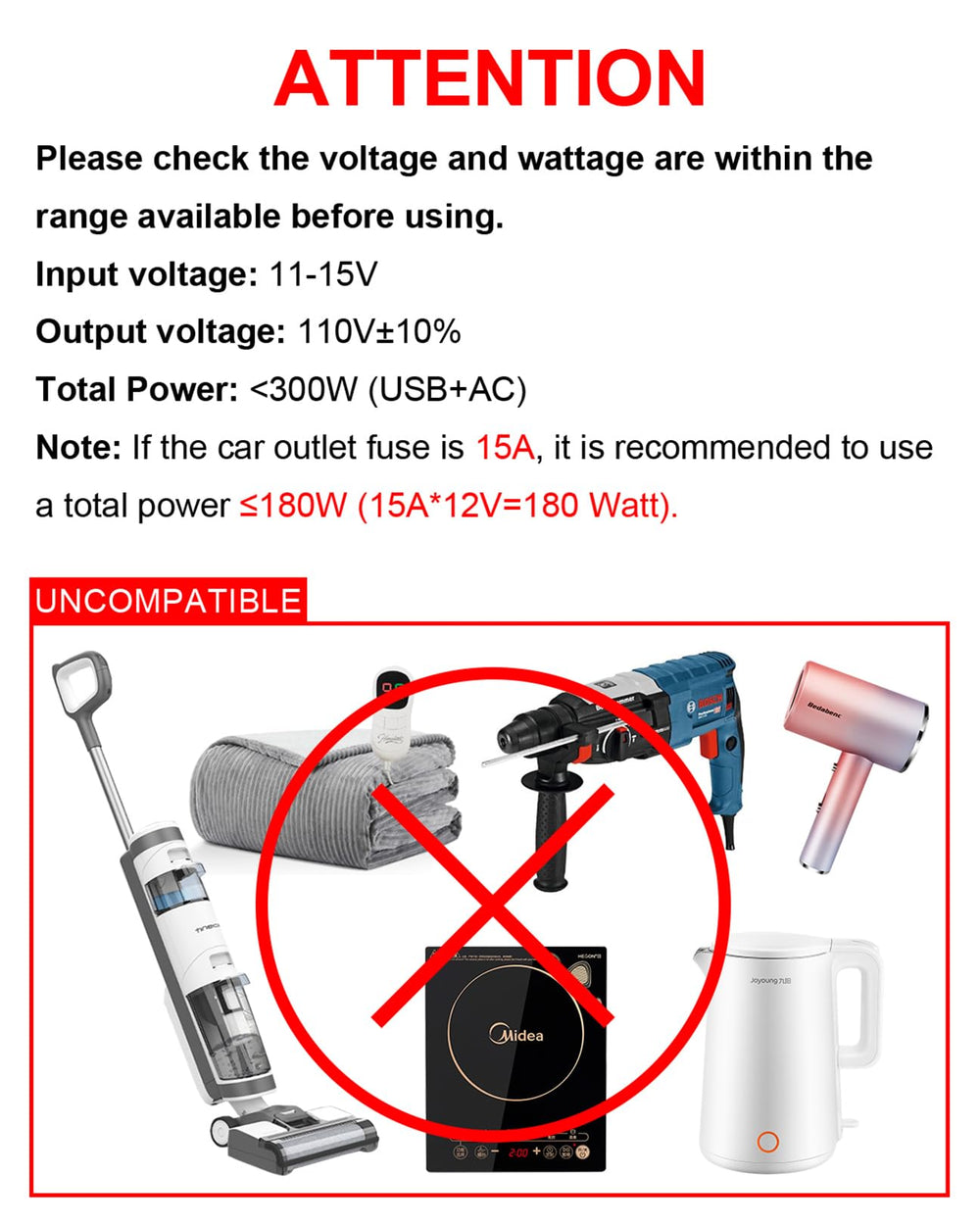YSOLX DC 12V to 110V usage warning and guidance.
