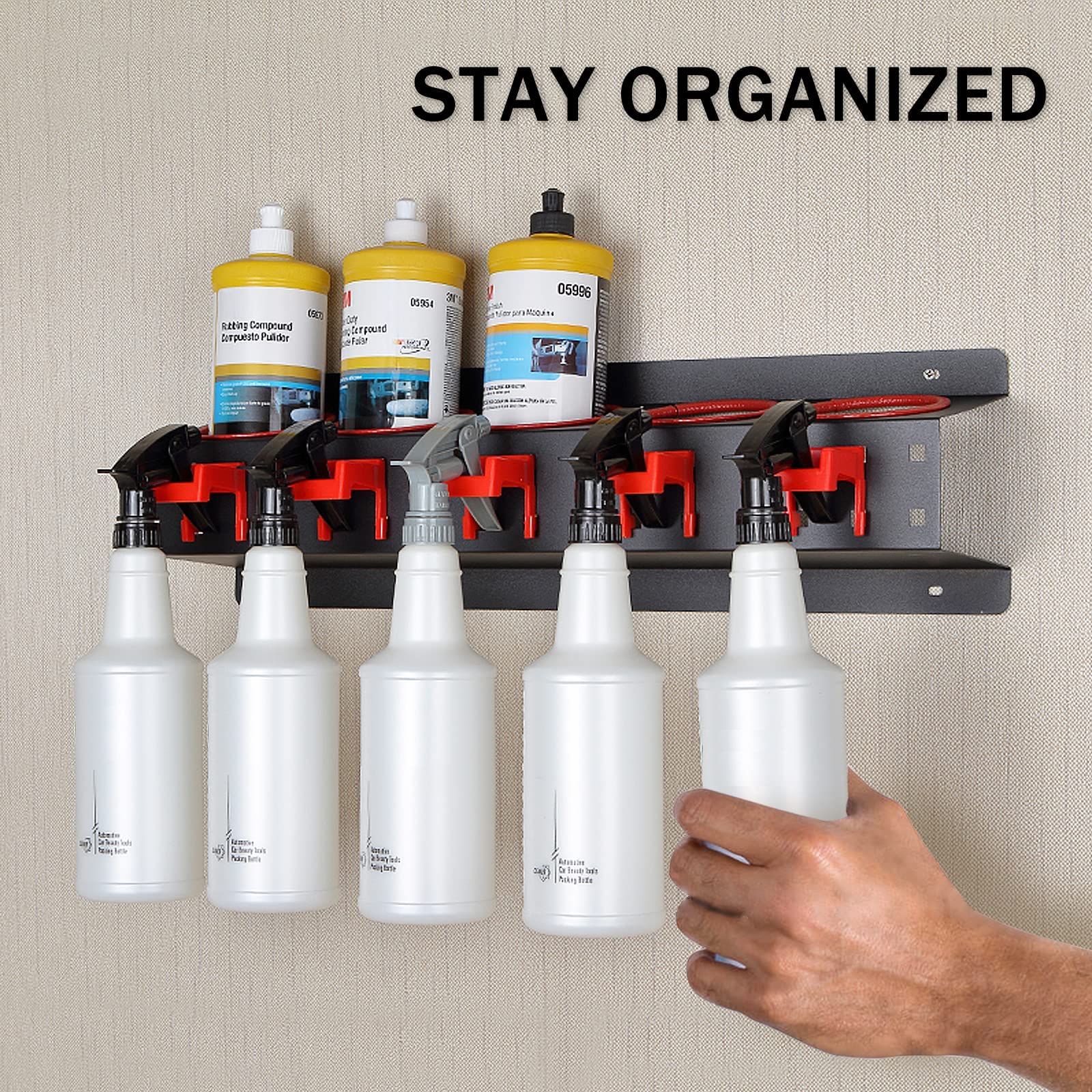YTDTKJ detailing tools organizer holds spray bottles securely for easy reach.
