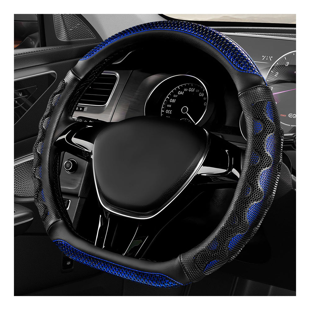 YTFRL D-Shaped steering wheel cover blue anti-slip honeycomb for secure grip.