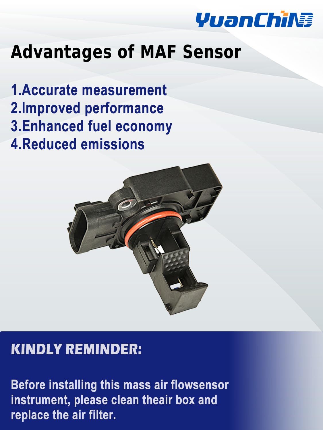 YUANCHINB MAF sensor package label confirms compatible part numbers.