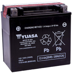 Yuasa YTX14-BS maintenance-free battery acid pack for spill-proof starts on ATVs and motorcycles.