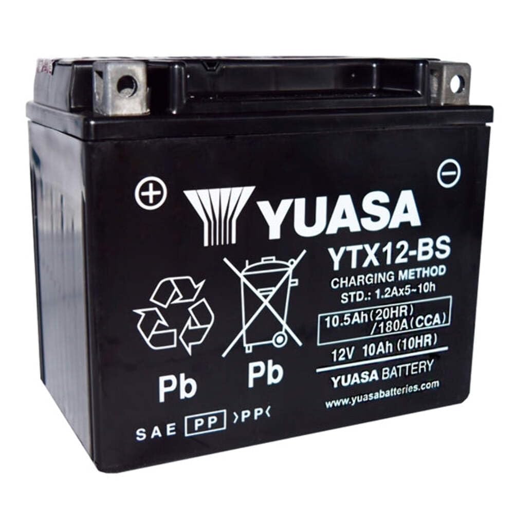 Yuasa YUAM3RH2S YTX12-BS battery with electrolyte bottle, ready for activation.