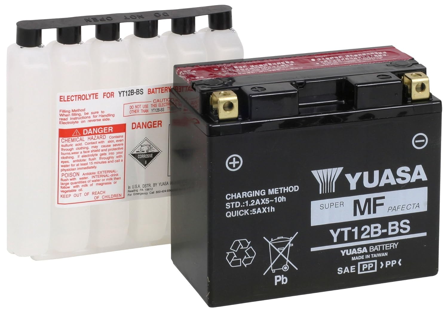 Yuasa Yuam6212b battery closeup shows compact design for tight motorcycle compartments with maintenance-free power.