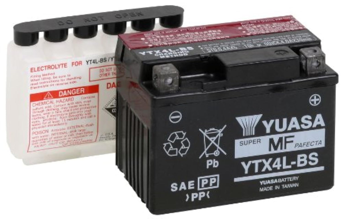Yuasa YUAM62X4B battery exterior, compact size ideal for bikes and scooters, enabling easy installation.