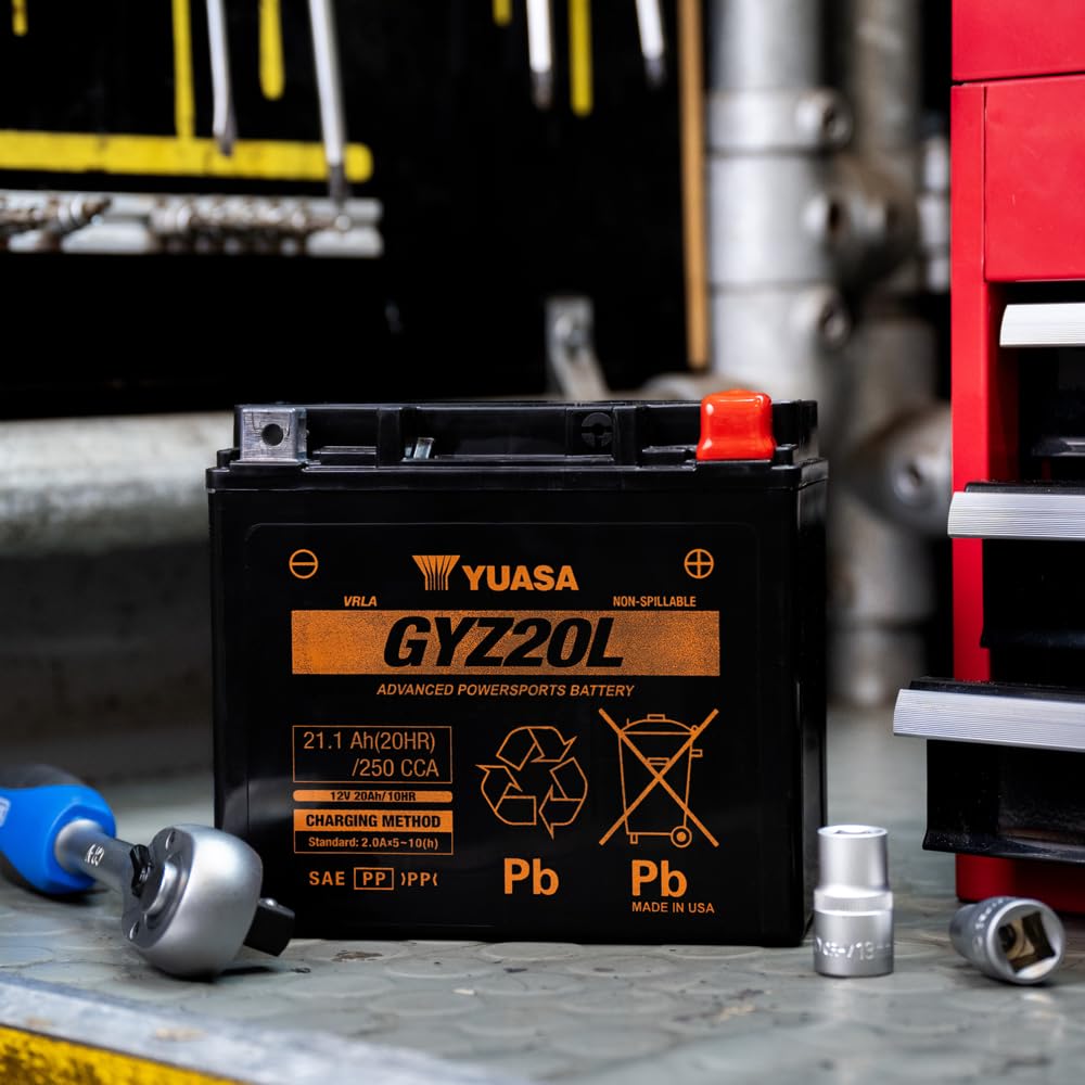 Yuasa GYZ Series battery label visible; highlights factory activation and sealed design.