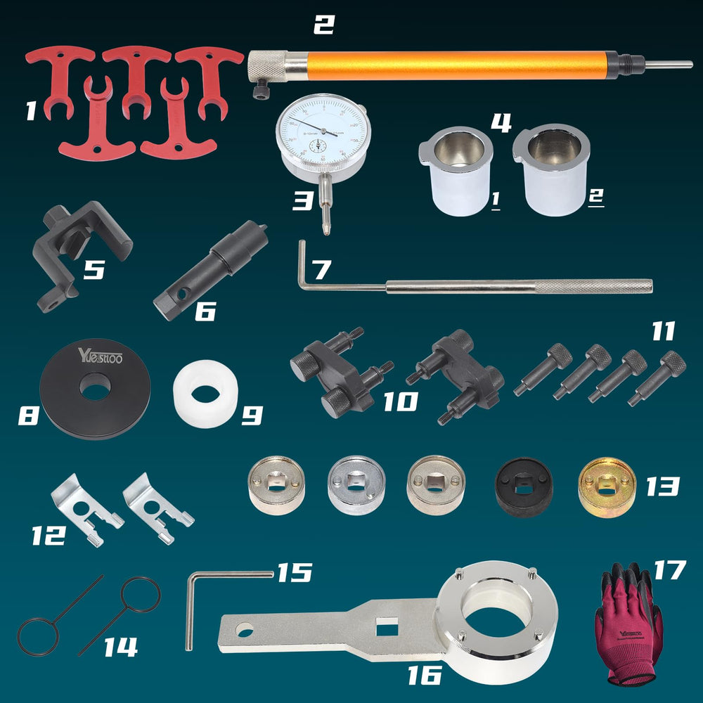 31-piece tool set covers camshaft and crankshaft timing adjustments.