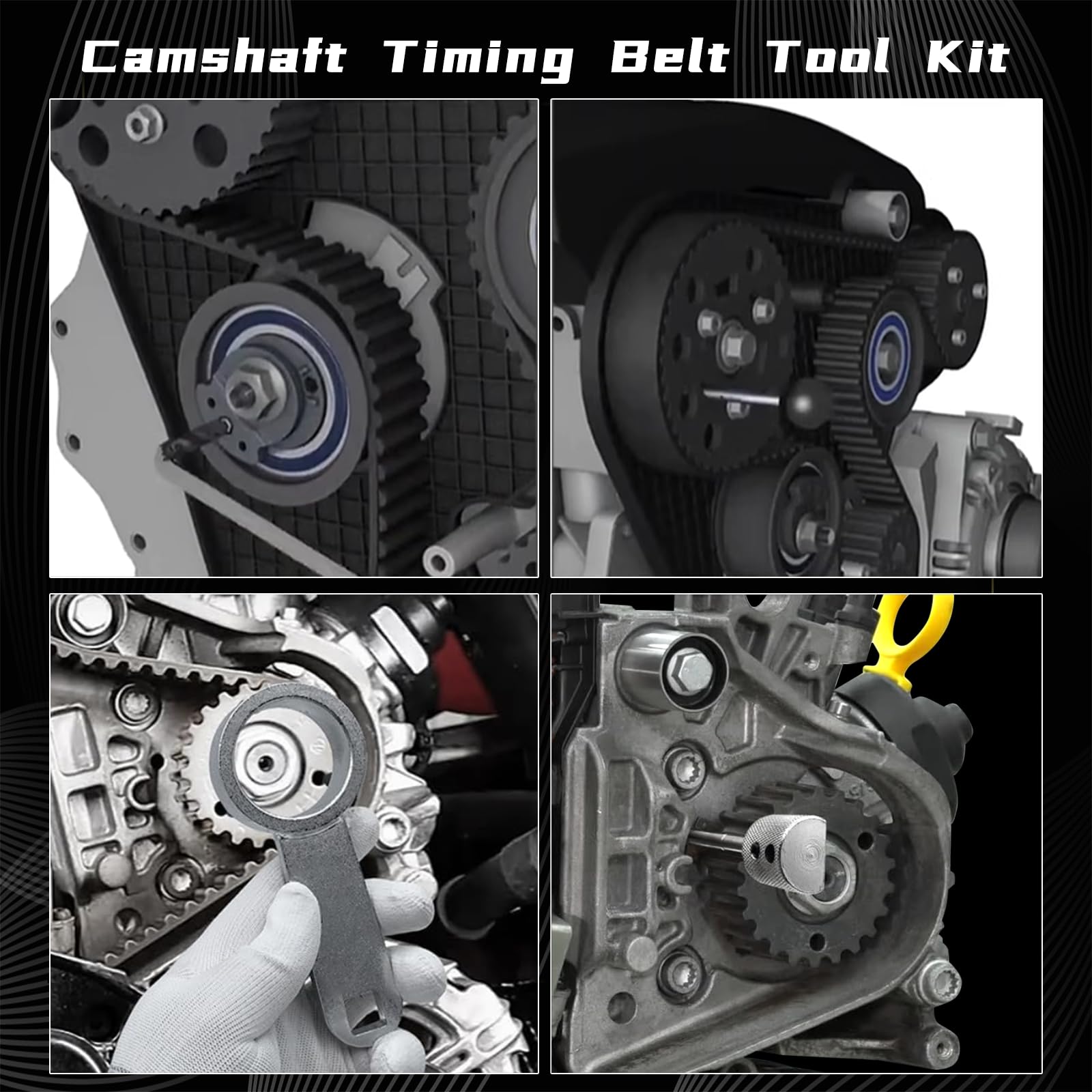 Gloves and tools ready for precise camshaft timing belt replacement.