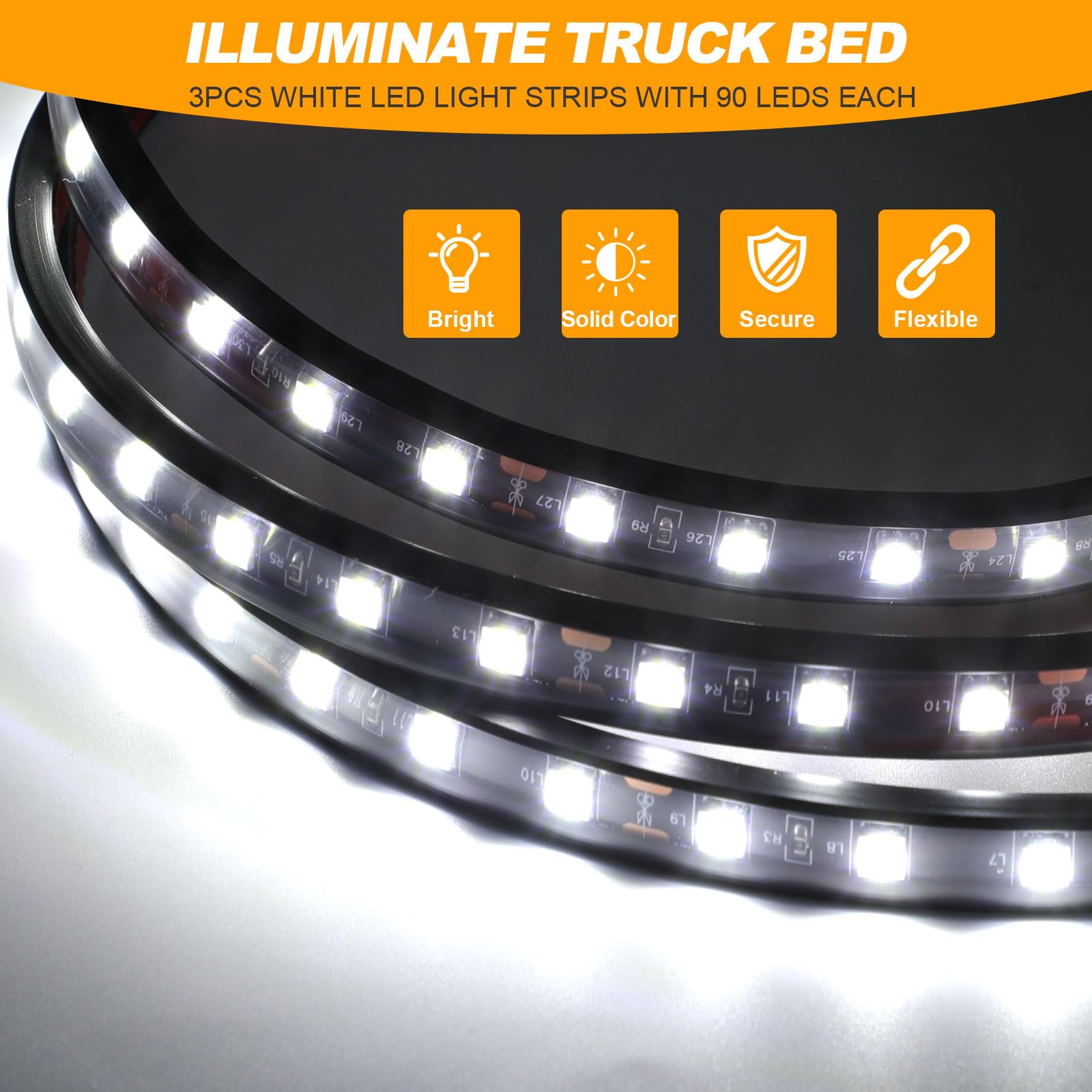 YUGUANG 6000K white LED strip provides bright, even illumination for dark truck beds.