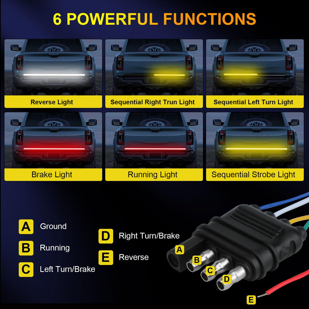 YUGUANG tailgate light bar showing six functions for clear signals.