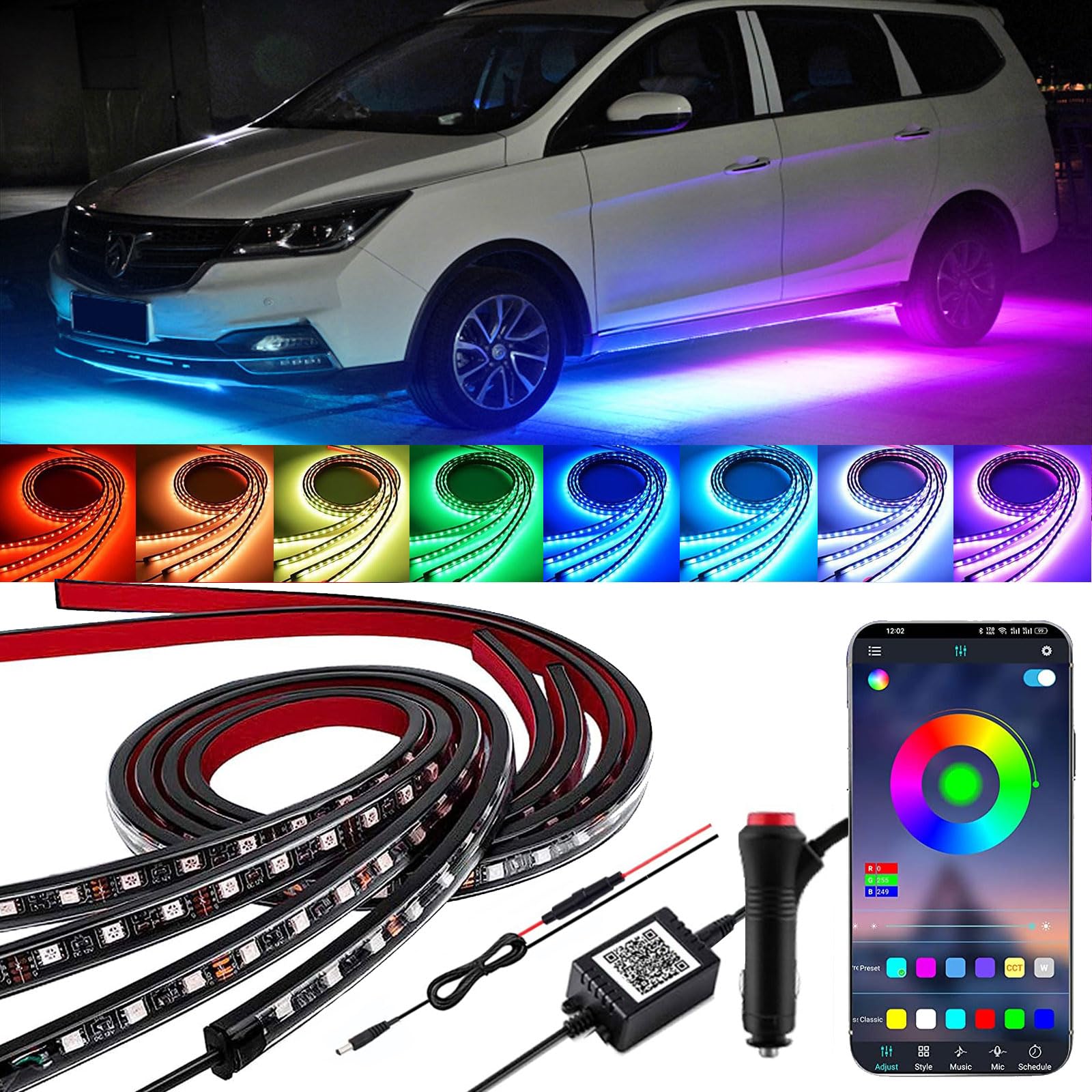 YUGUANG underglow kit car setup highlights vivid exterior lighting for customization.