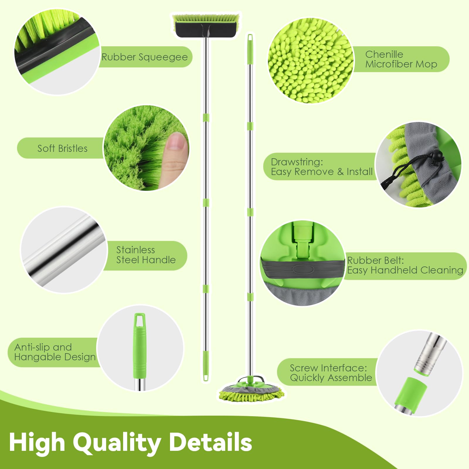 YUJOIBAN 2-in-1 brush with soft bristles and rubber squeegee for versatile cleaning