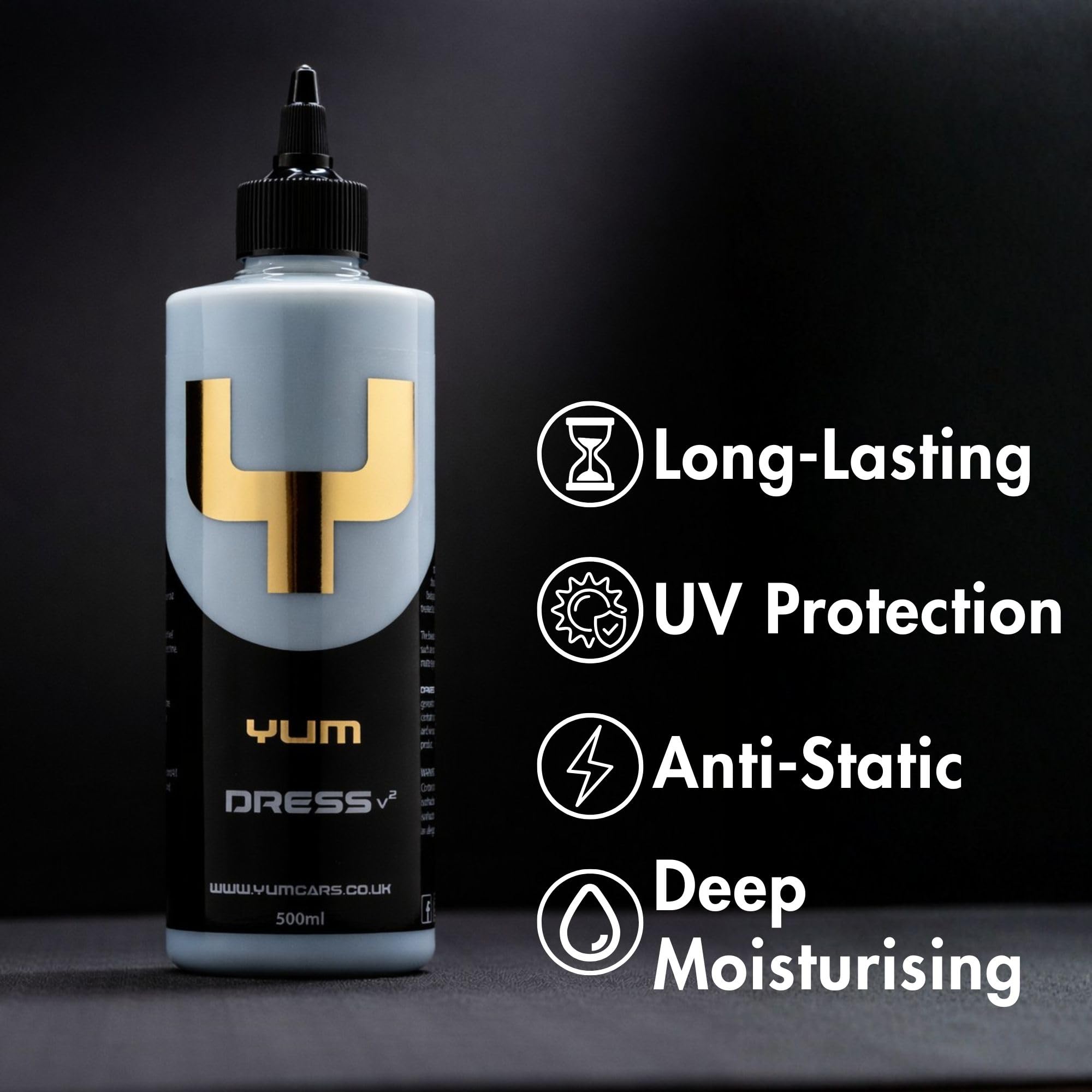 Yum Dress V2 spray application demonstrates quick, even coverage on exterior plastics.