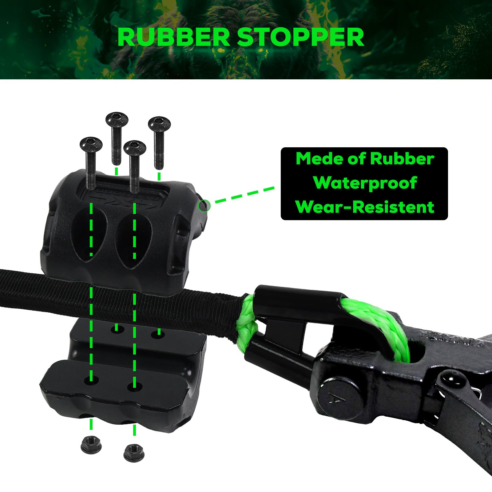YUNFUER rubber stopper protects rope end during recovery and prevents slips.