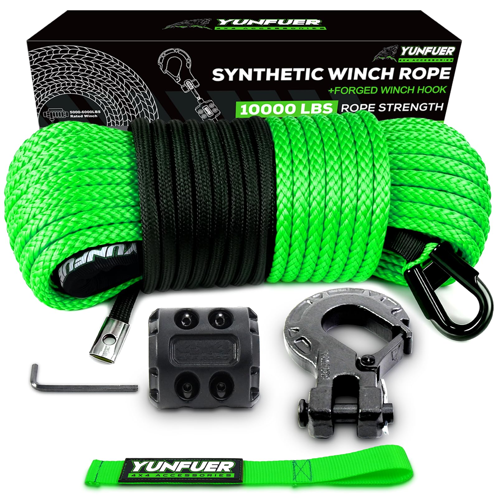 YUNFUER 50 ft 1/4 inch synthetic winch rope in green, UV resistant and strong.