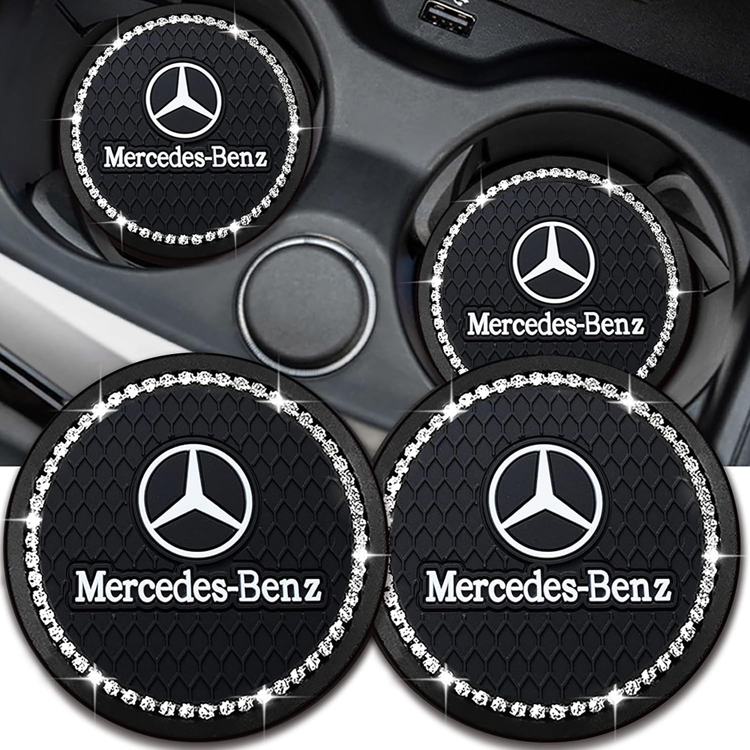 YUNHECHUHAI Mercedes-Benz coaster set in black with universal fit and cup holder protection.