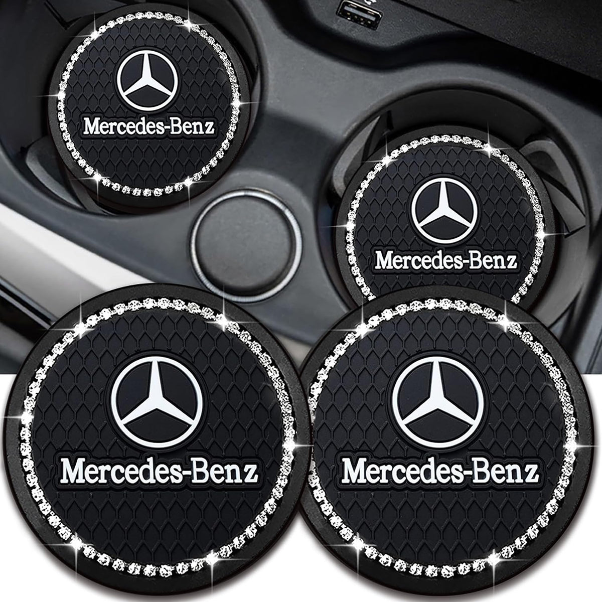 YUNHECHUHAI Mercedes-Benz coaster set in black with universal fit and cup holder protection.