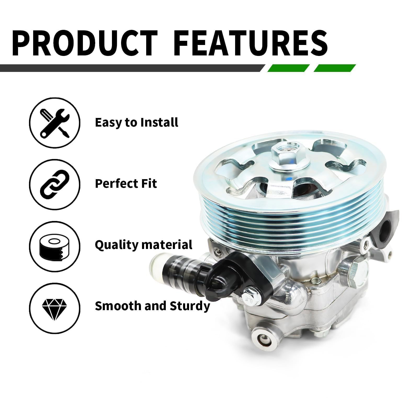 Yunnergo power steering pump pulley close-up shows precise belt alignment.