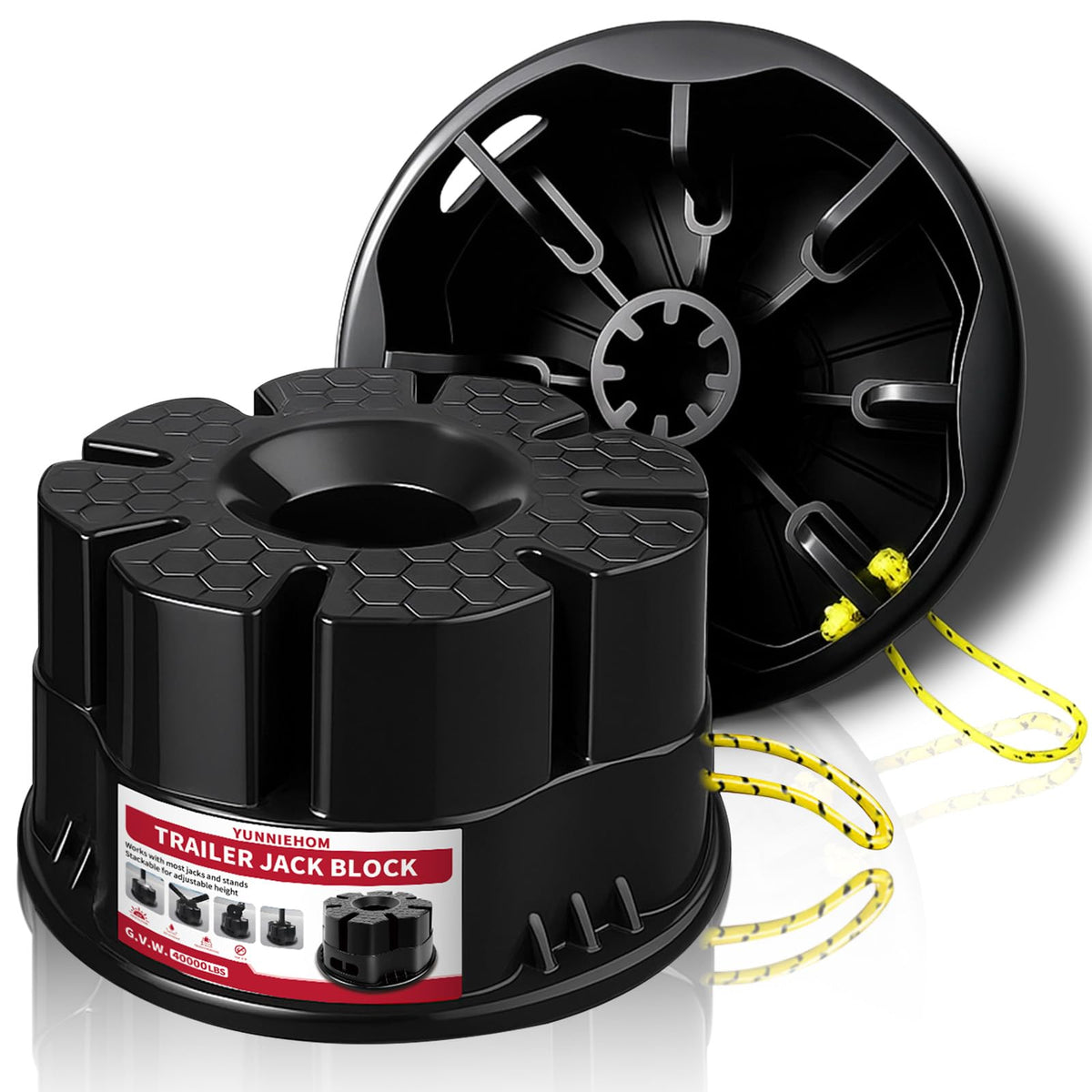YUNNIEHOM Trailer Jack Block 6-inch stack supports RV leveling on uneven ground.