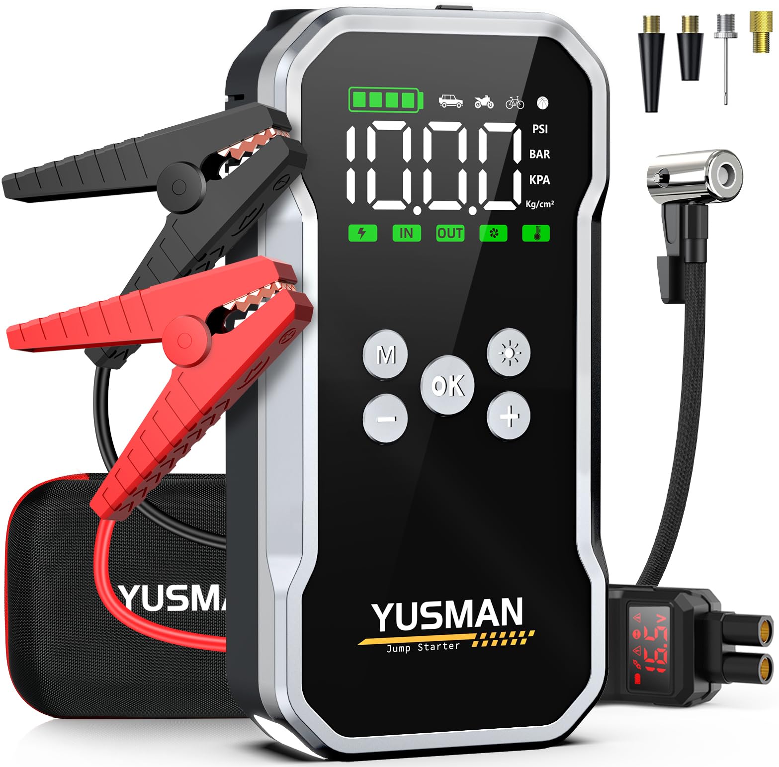 YUSMAN jump starter with air compressor front view for quick, reliable engine starts.