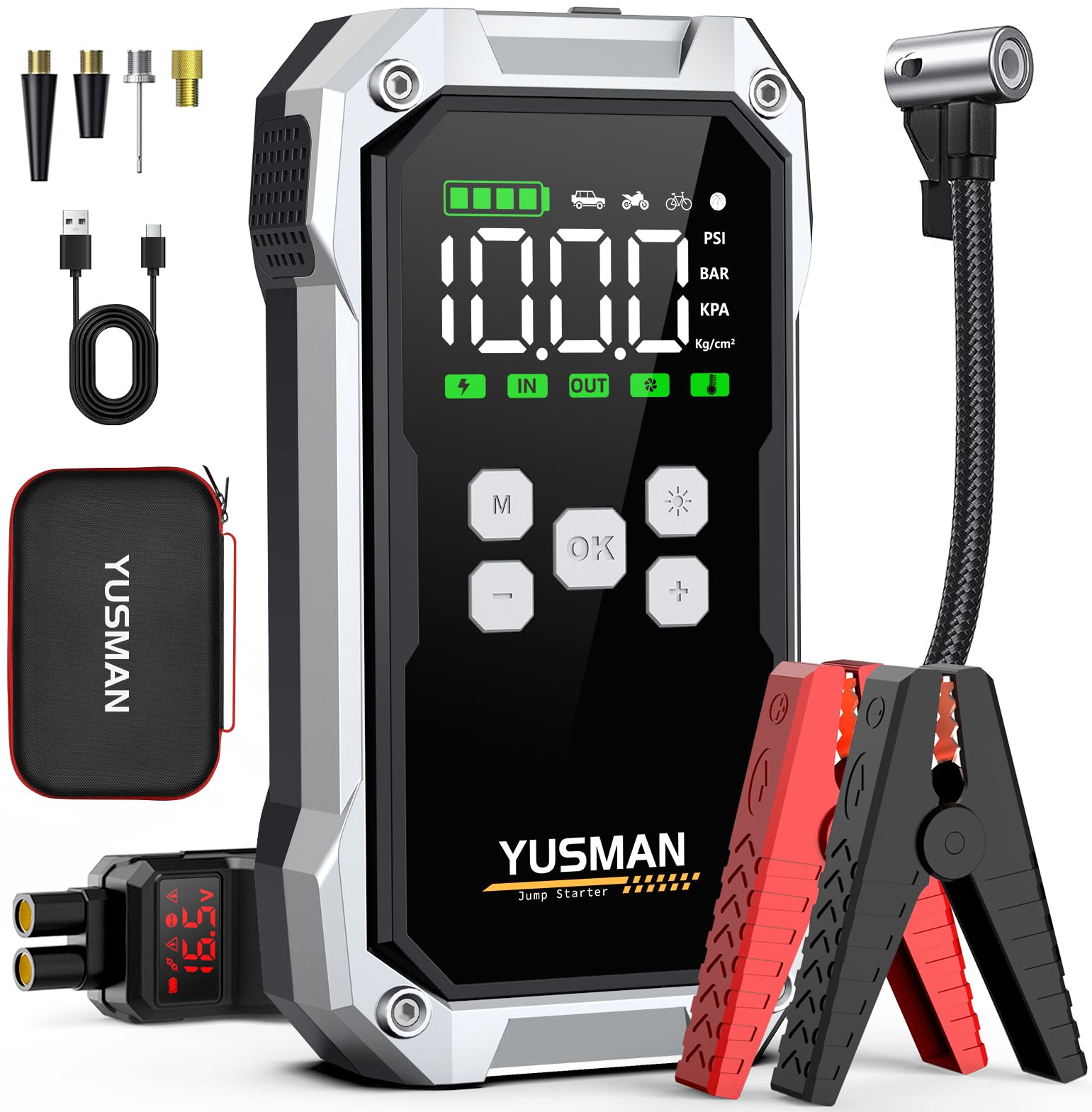 YUSMAN jumpstarter with air compressor showing 9000A power for quick starts