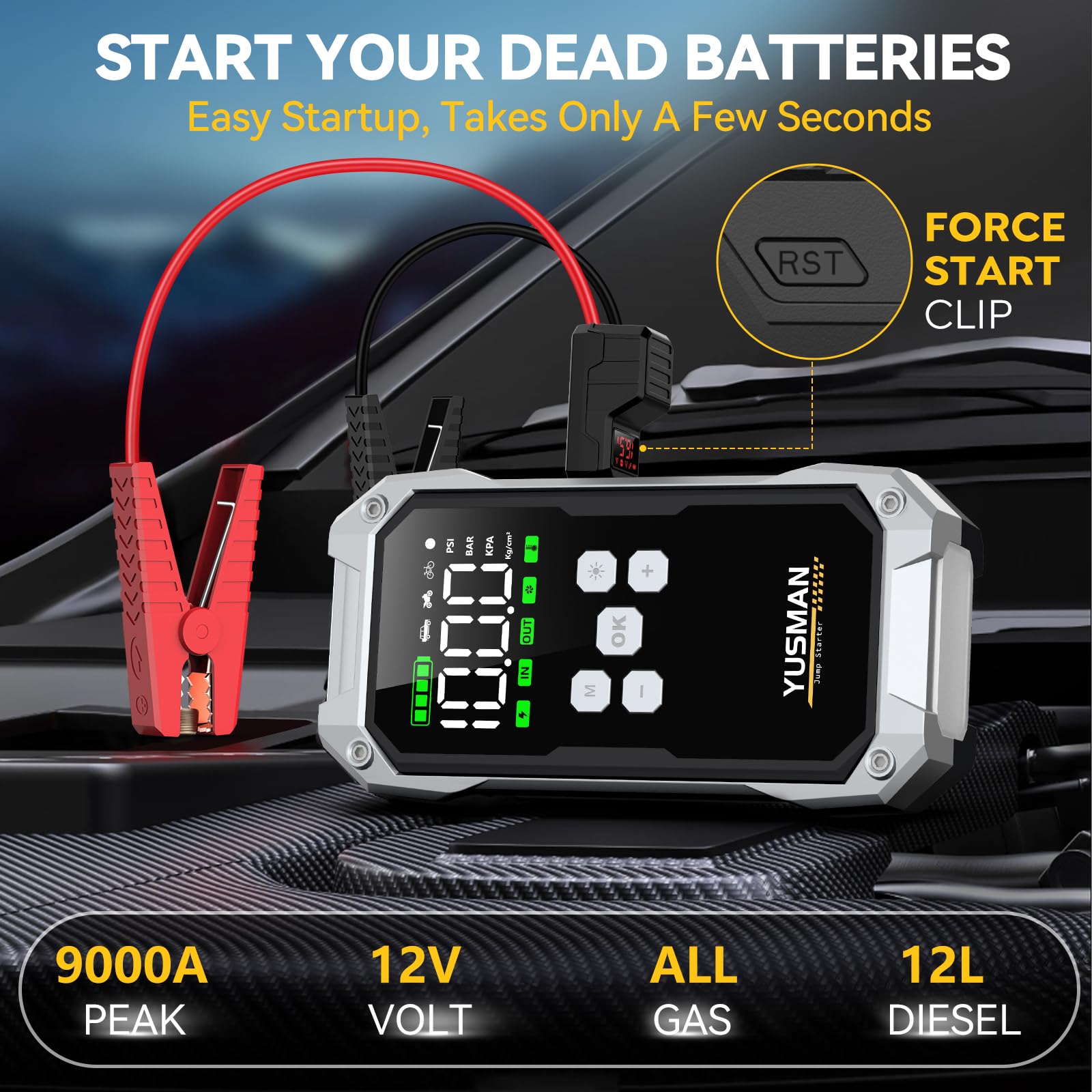 YUSMAN jumpstarter LCD display with real-time data for easy operation