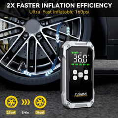 YUSMAN jumpstarter tire inflator 160psi inflating a tire