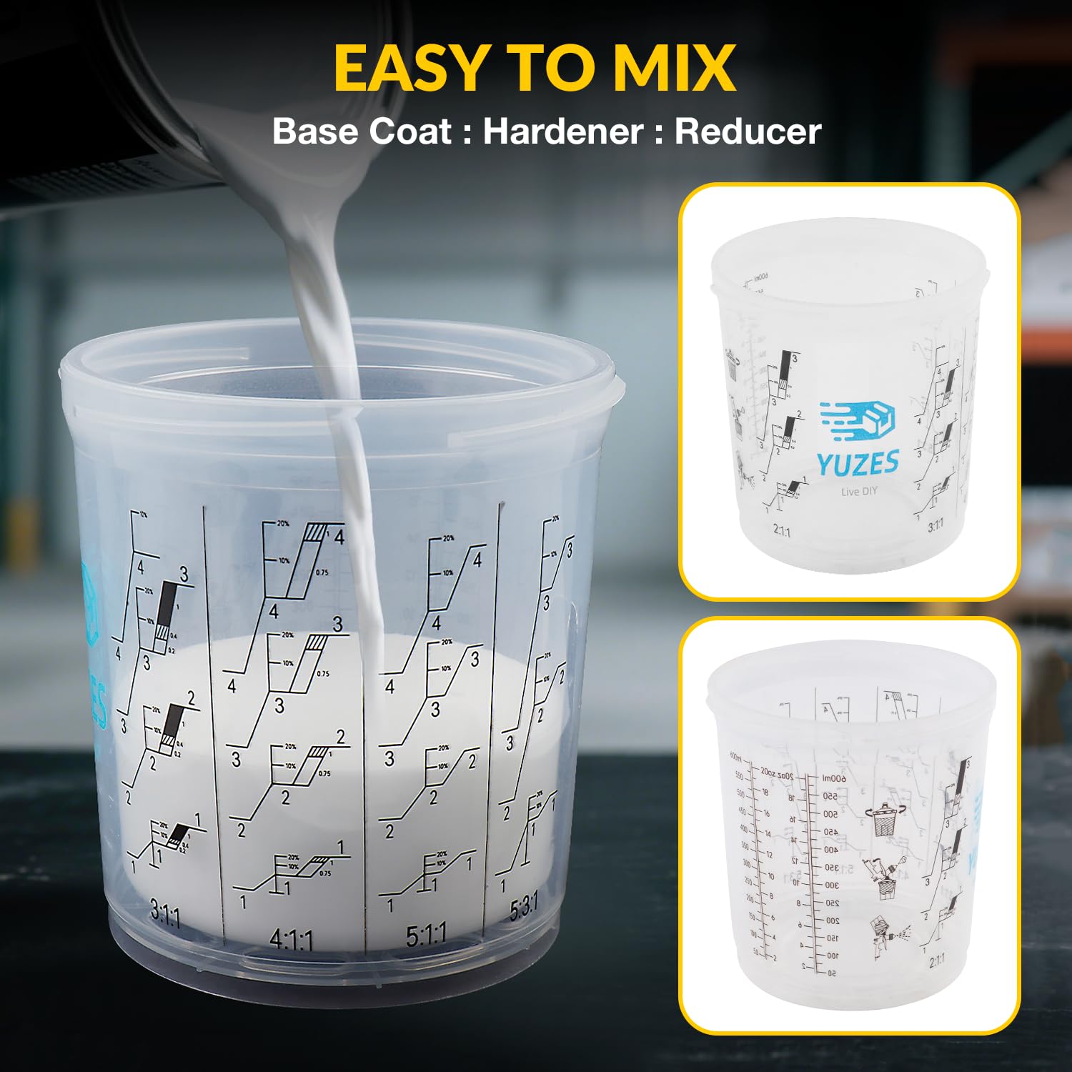 YUZES cup system for efficient mix, spray, and store workflow in DIY projects.