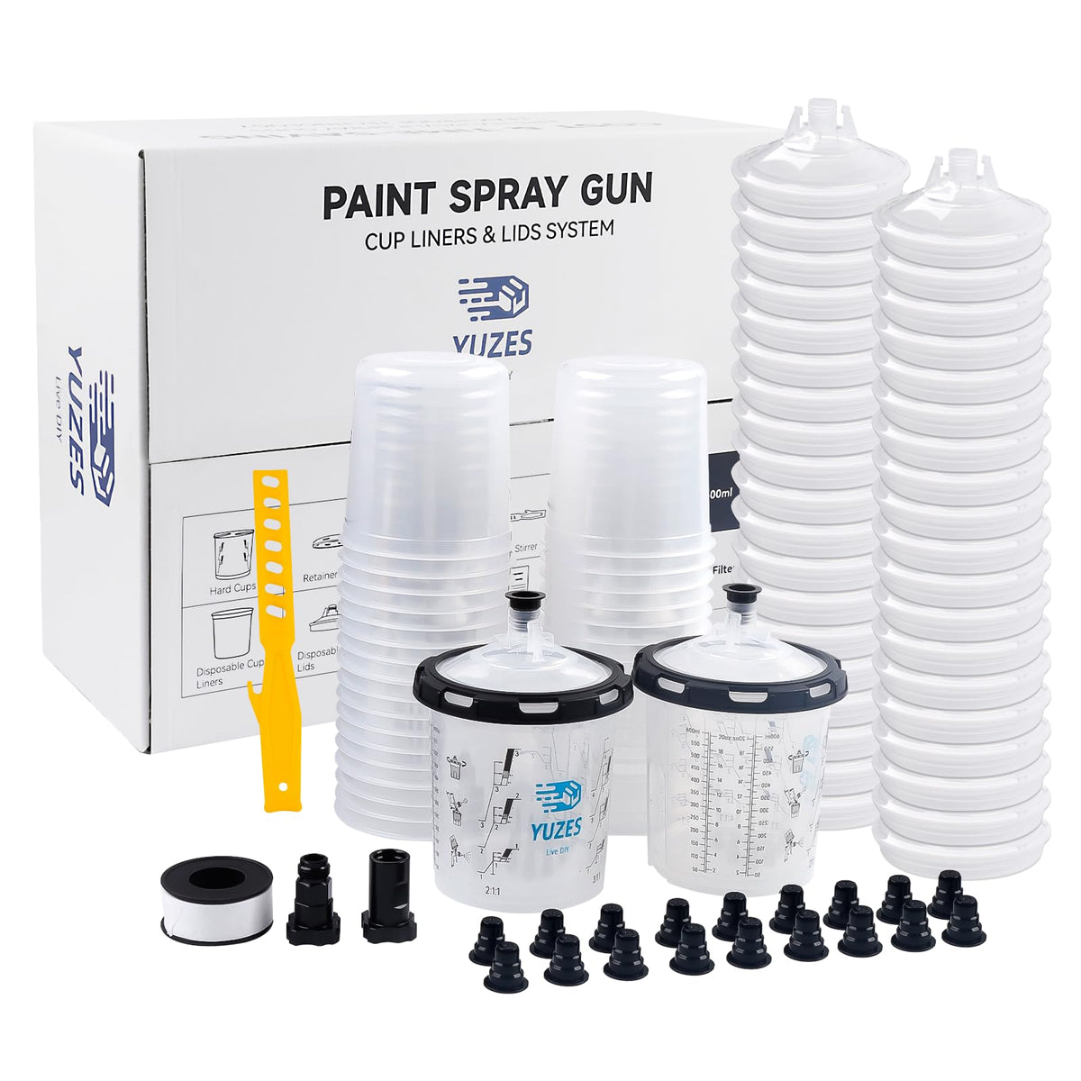 YUZES disposable paint gun cups with retainer rings for quick, clean mixing