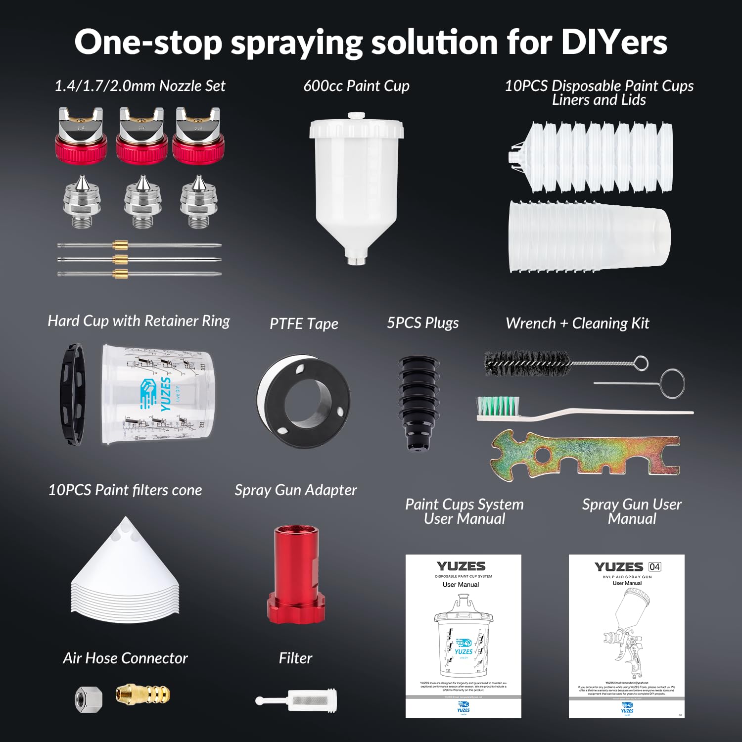 YUZES spray gun with manual for quick start guide