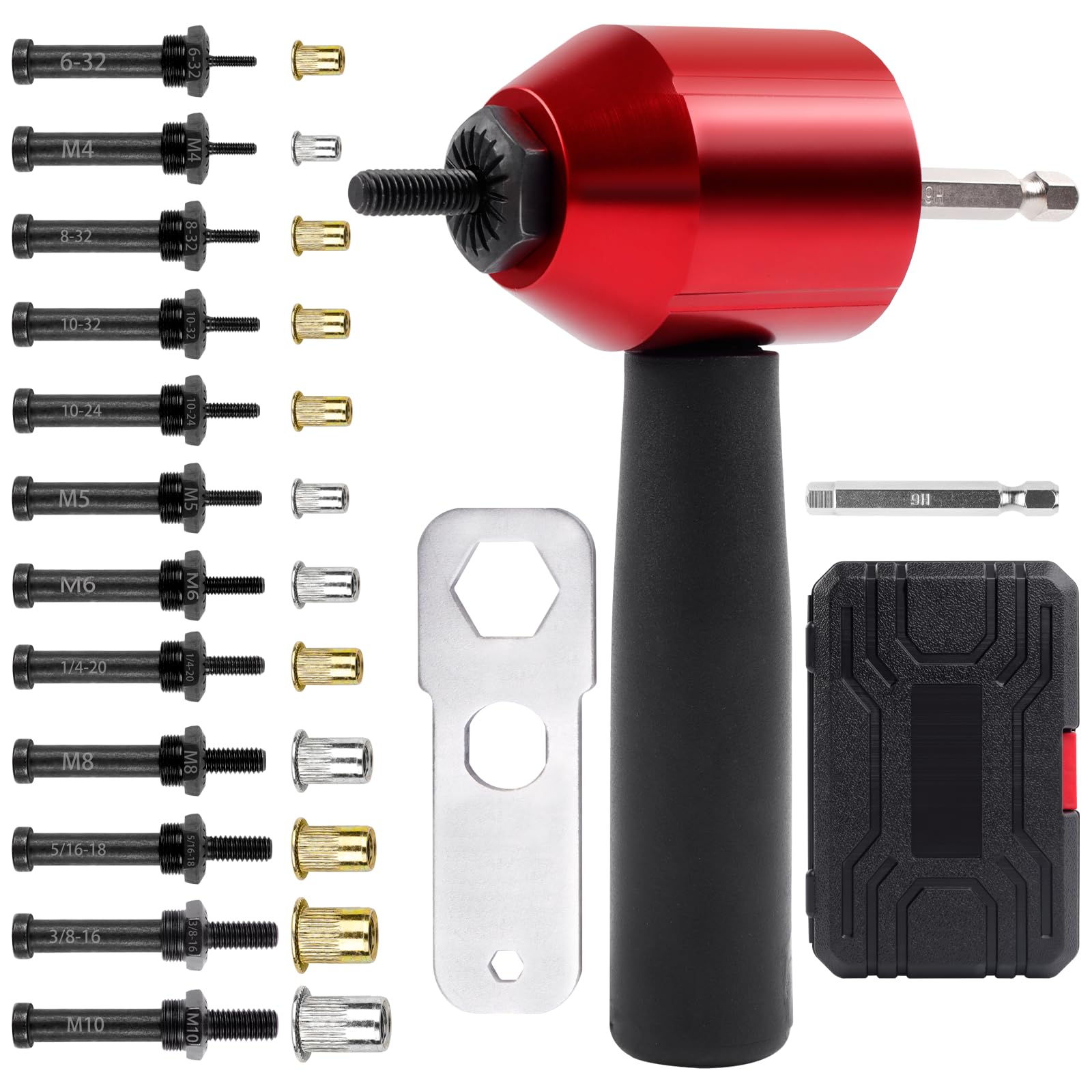 YUZES Rivet Nut Tool Adapter for cordless drill showing quick rivet nut installation