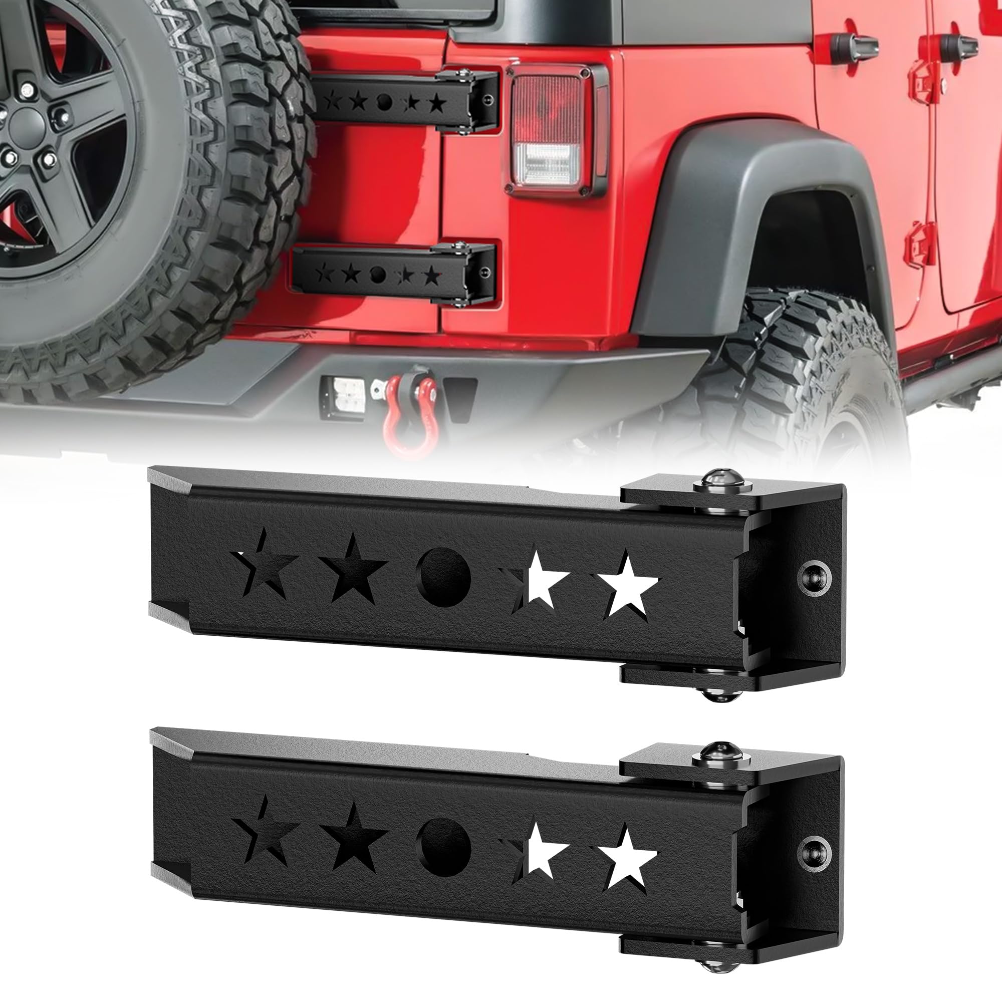 YZONA heavy-duty tailgate hinge set assembly on Jeep Wrangler JK/JKU for durable rear access.