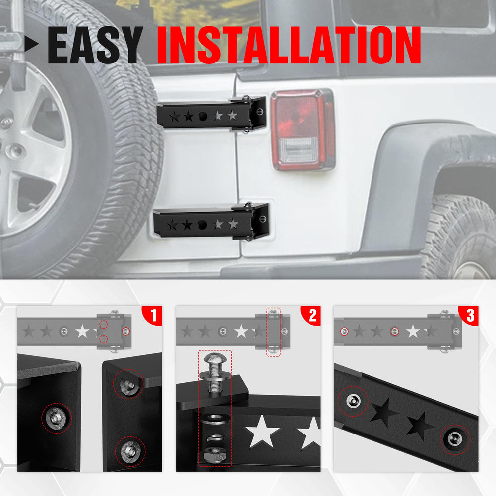YZONA tailgate hinge bracket in black powder coat emphasizes durability and corrosion resistance.