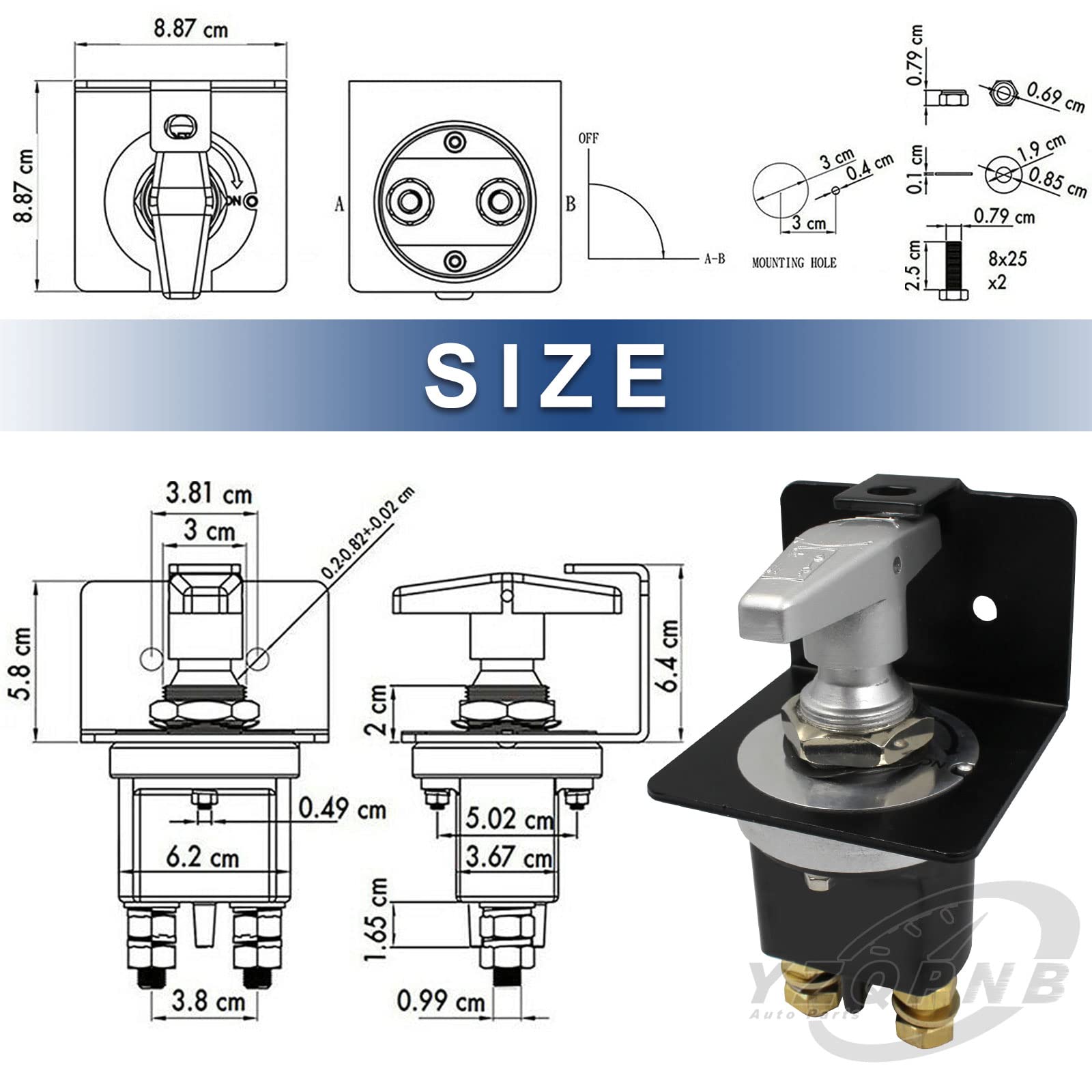 YZQPNB 500A switch with two negative cable studs for heavy-duty connections.
