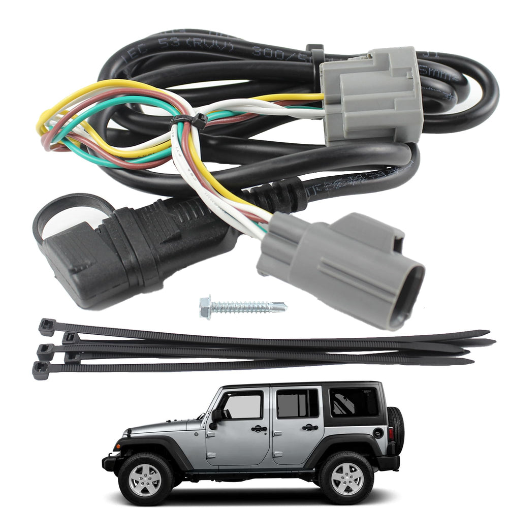 YzusGomumu 67-inch 4-pin trailer harness for Jeep Wrangler JK/JKU ensures durable outdoor lighting connections