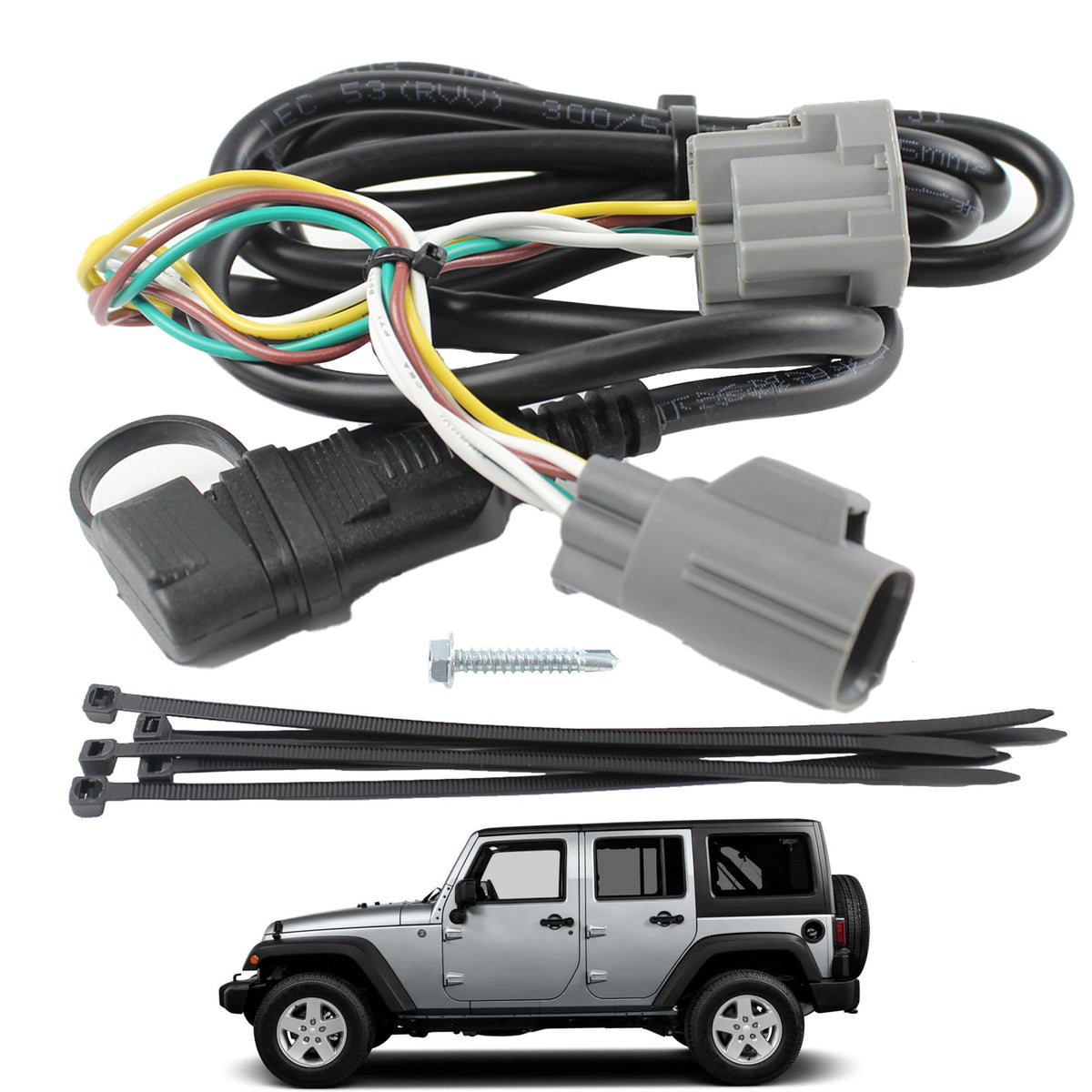 YzusGomumu 67-inch 4-pin trailer harness for Jeep Wrangler JK/JKU ensures durable outdoor lighting connections