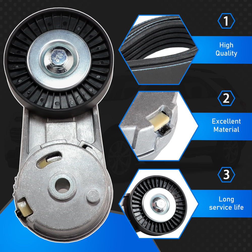 YzusGomumu Serpentine belt tensioner kit in engine compartment demonstrates fit for many models