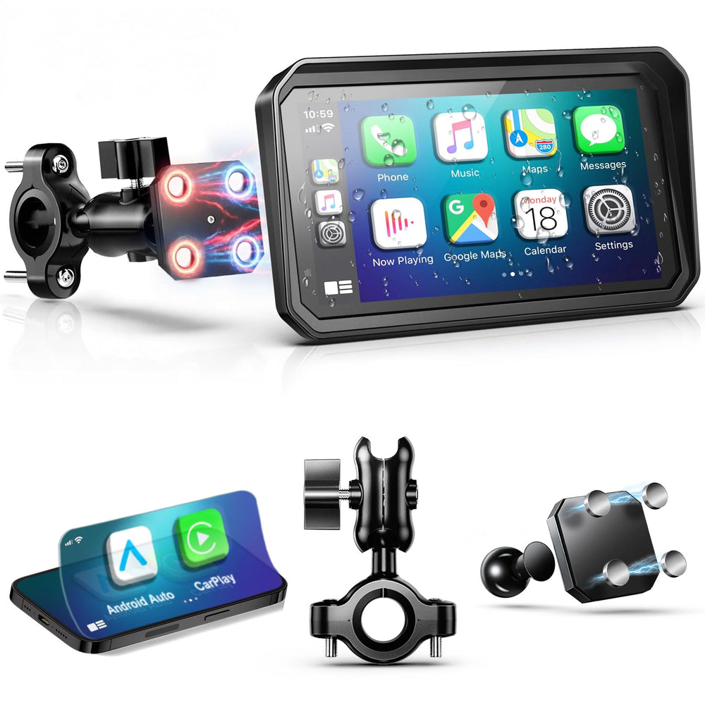 YZW six-inch CarPlay screen with universal four-contact magnetic mount for bike use