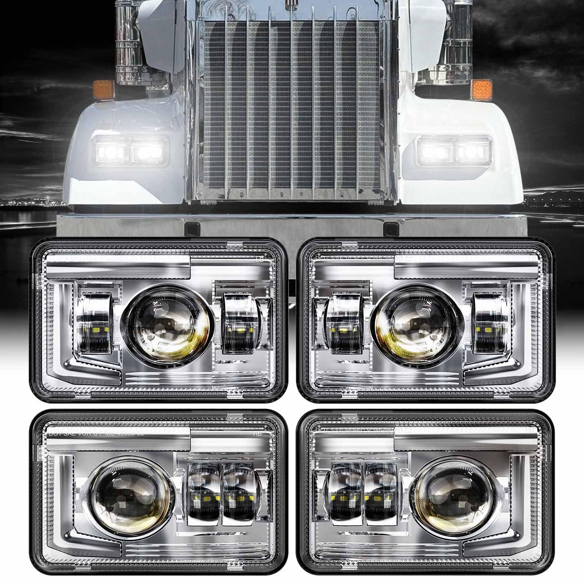 Z-OFFROAD 4x6 headlights front view in chrome housing, enhanced visibility.