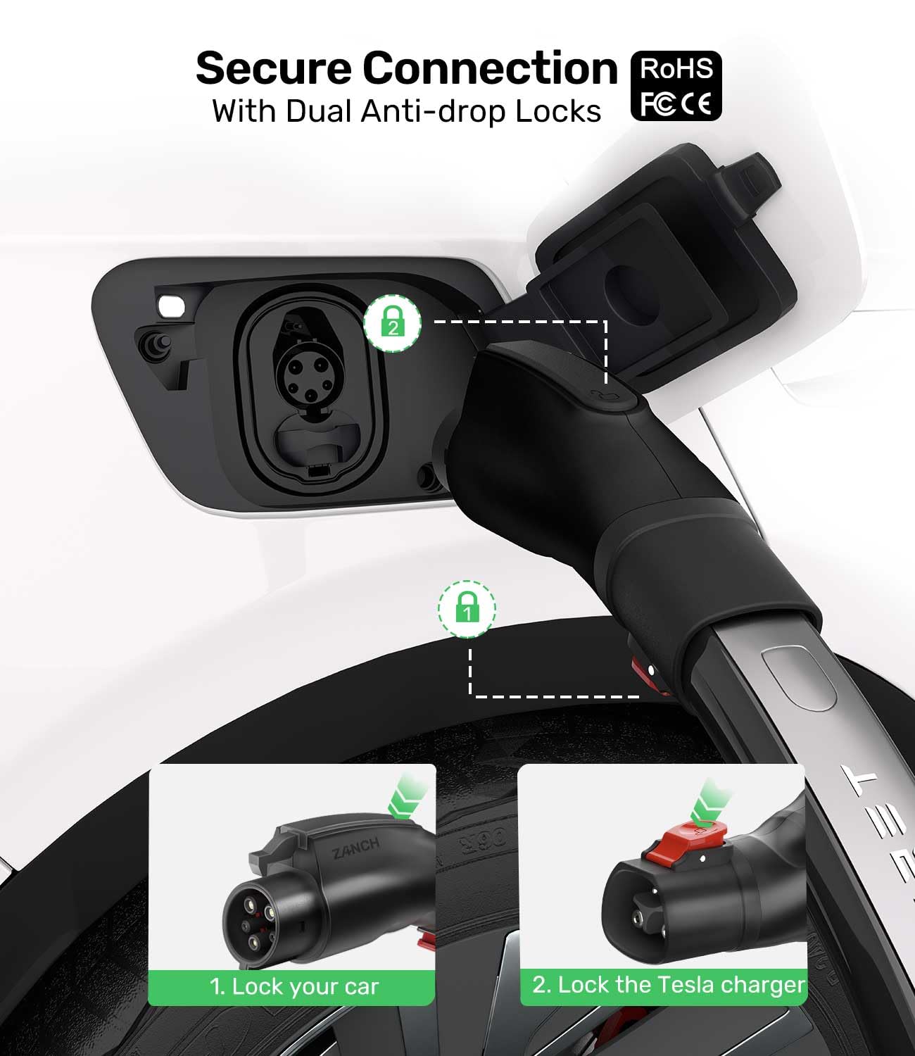 Zanch adapter image illustrating 60A 250V capability with J1772 plug