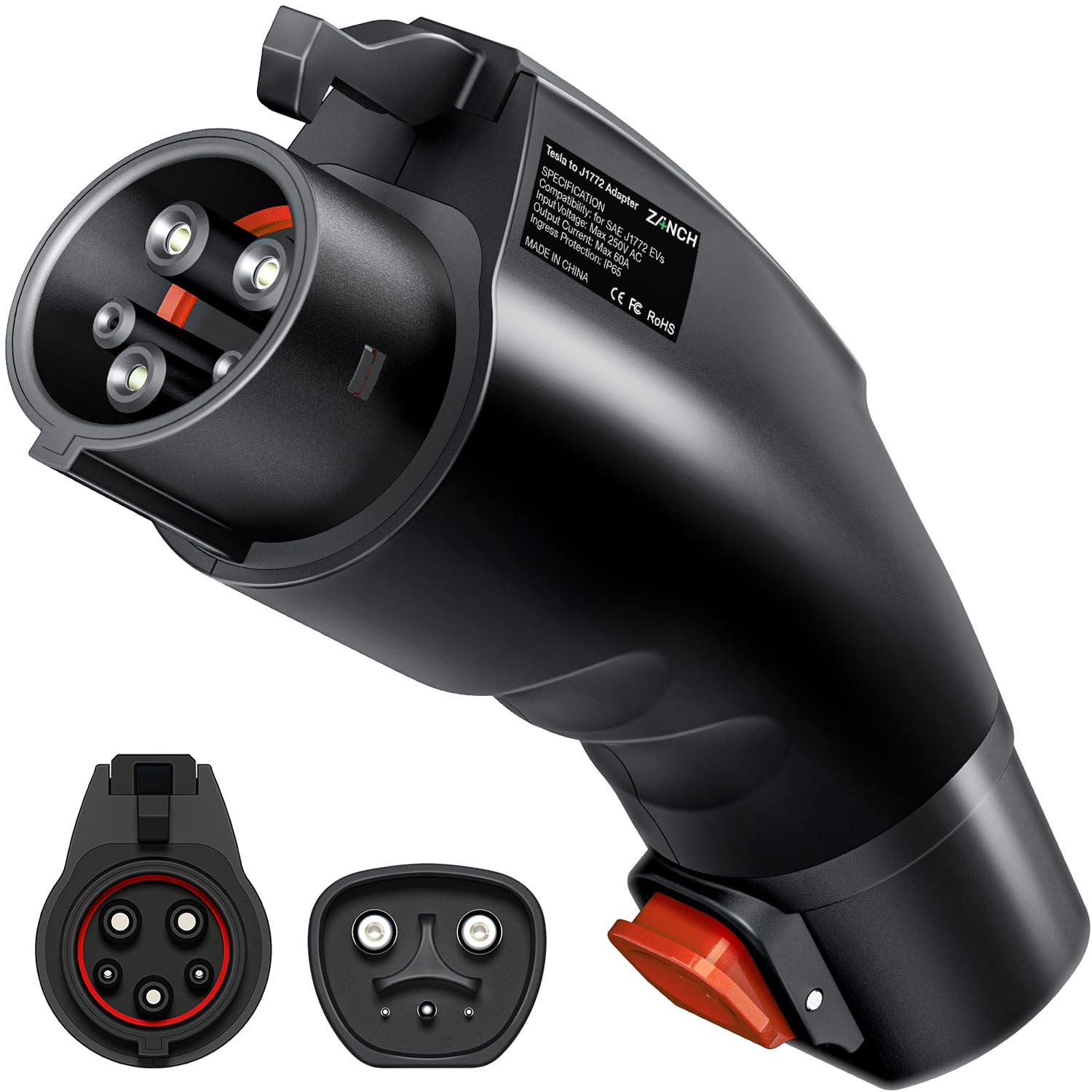 Zanch Tesla to J1772 adapter front view showing rugged housing for reliable charging