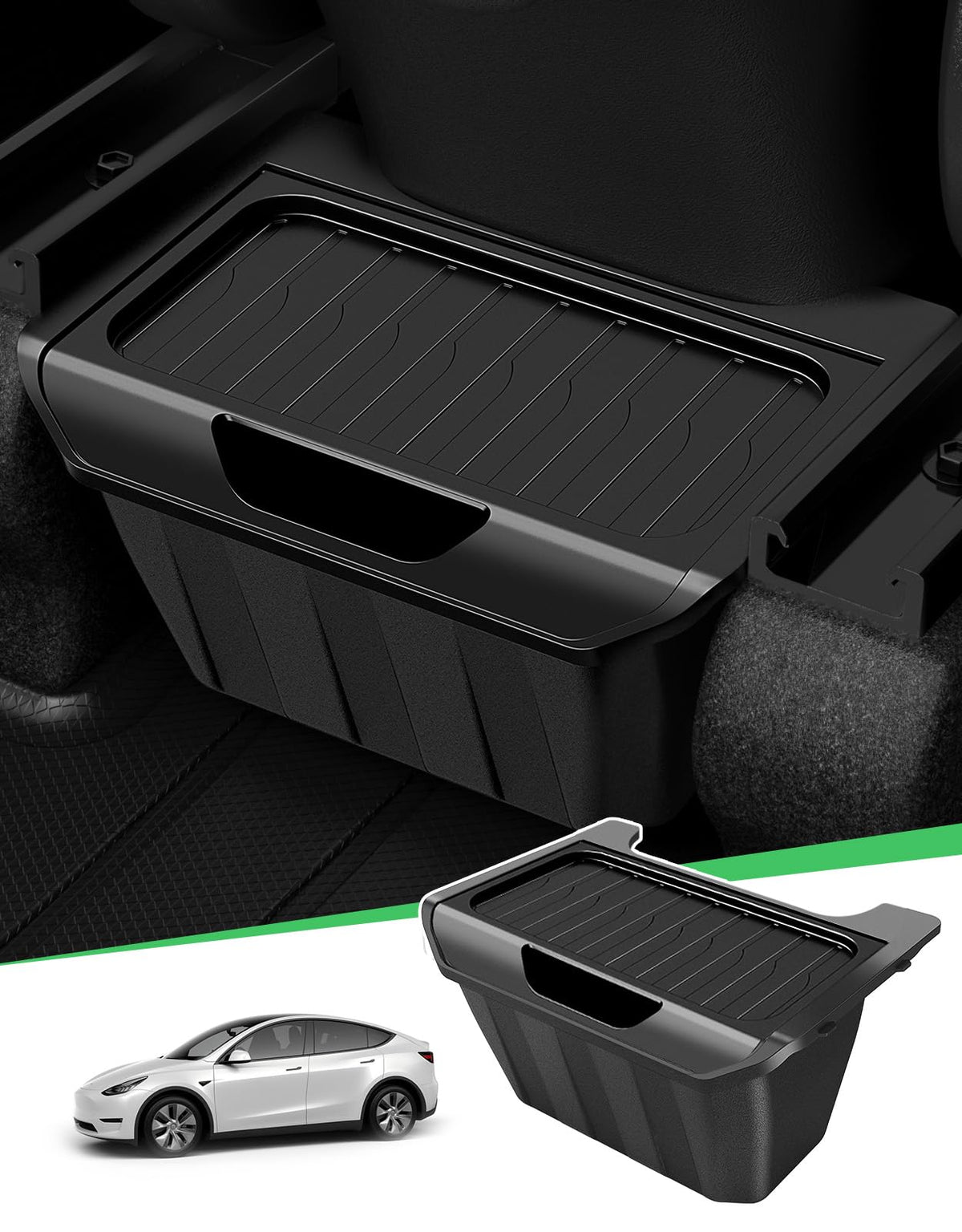Zanch Tesla Trash Can installed under rear vents for Model Y quick access