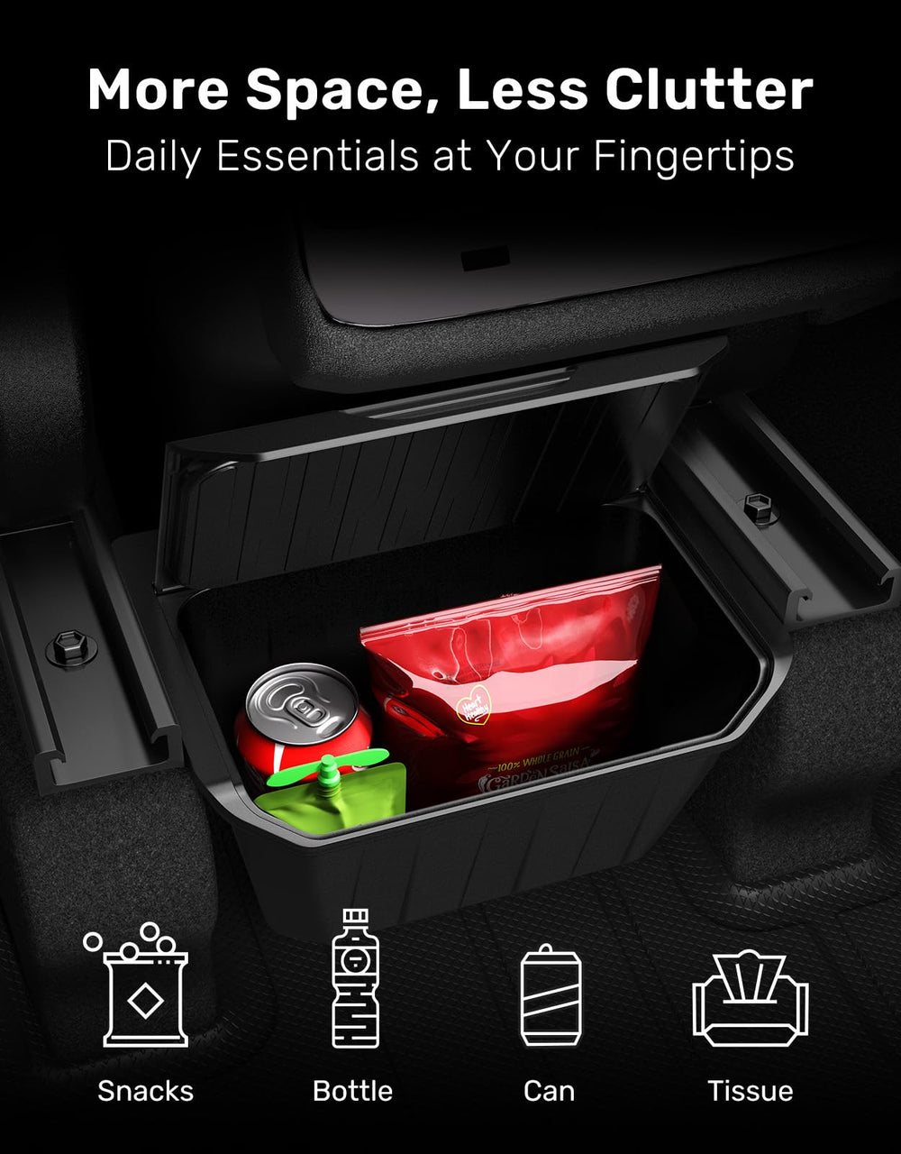Zanch Tool-free rail installation secures the trash can in Model Y