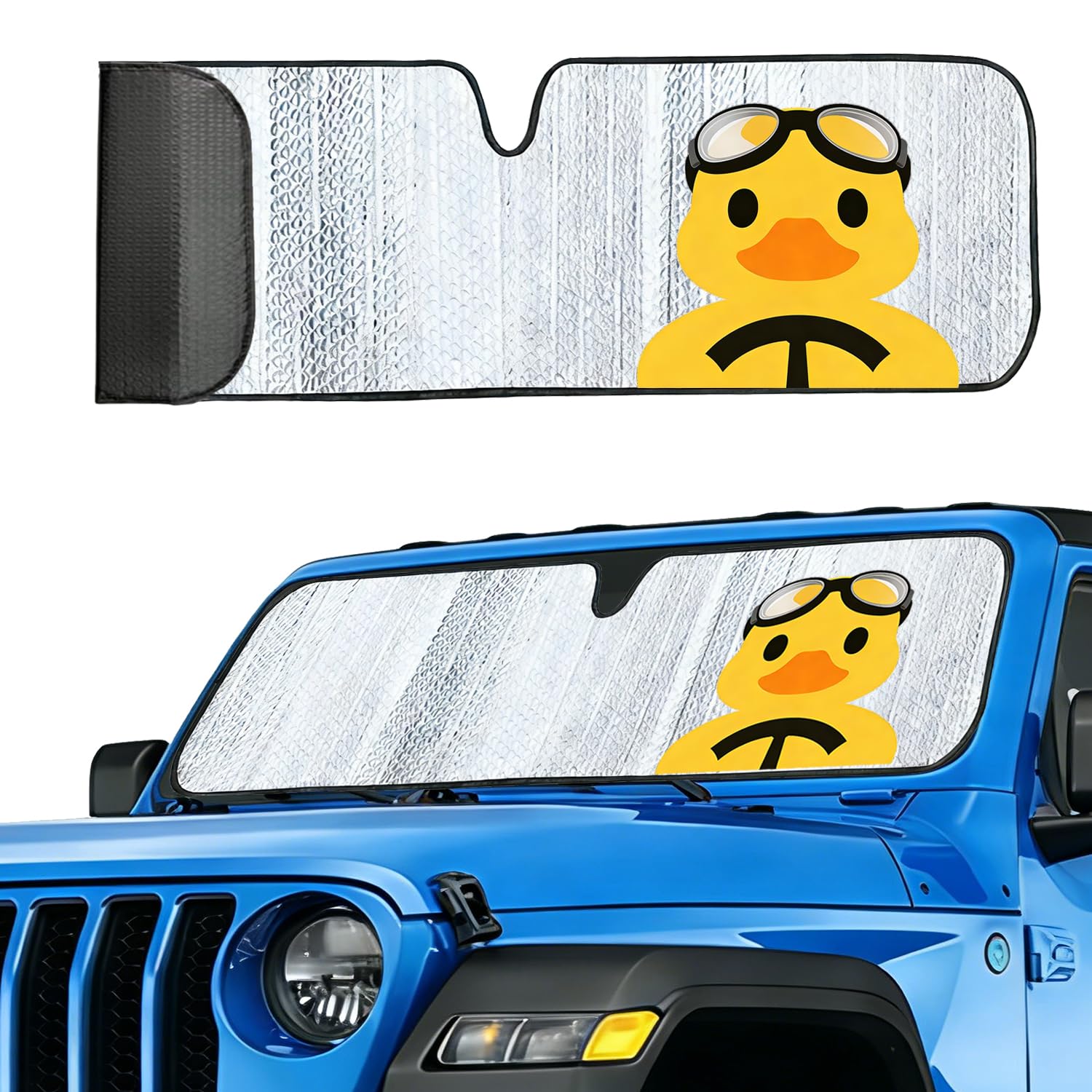 ZAZCQIL duck-pattern windshield shade on Jeep Wrangler front view for UV protection