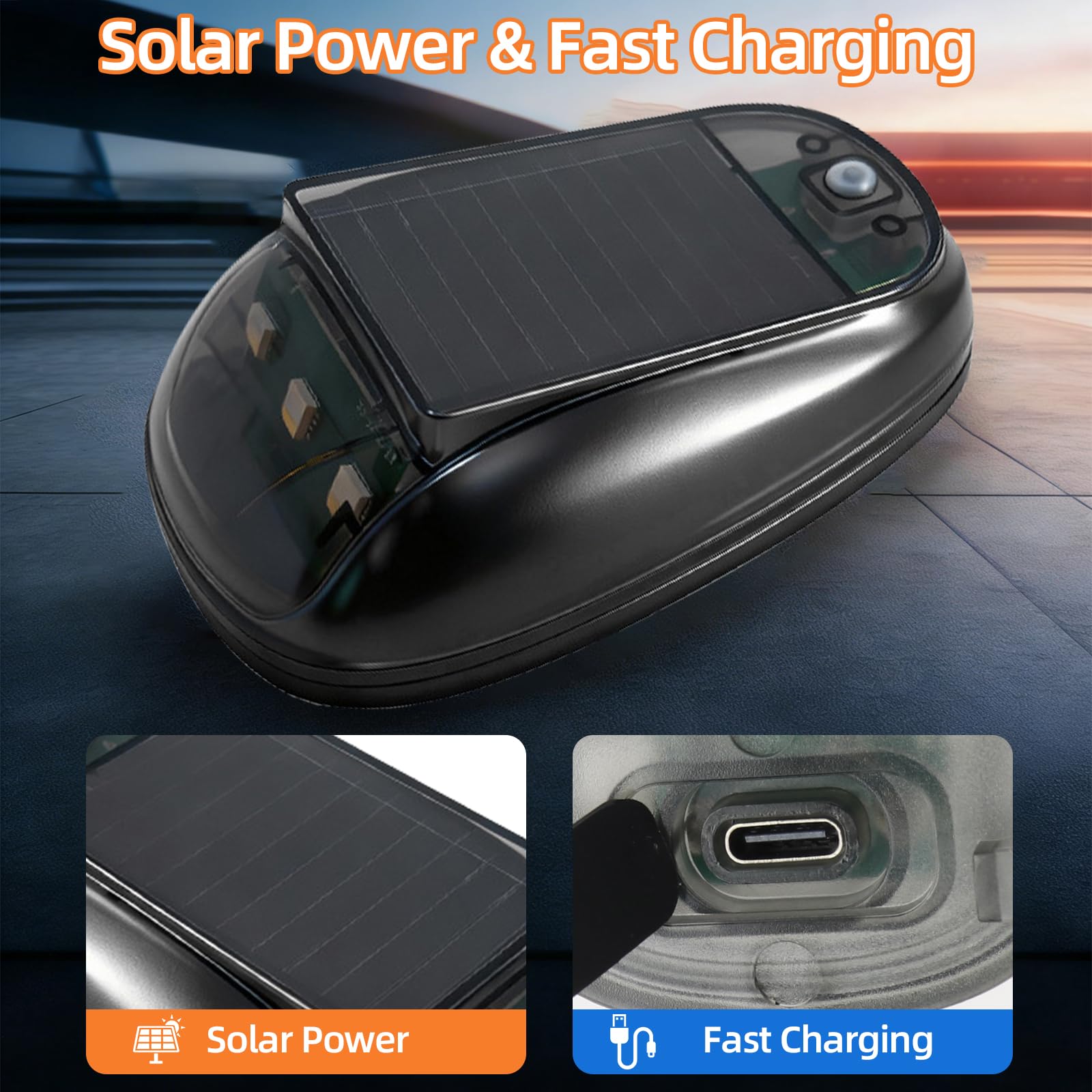 Solar roof light charging under sun with Type-C cable ready