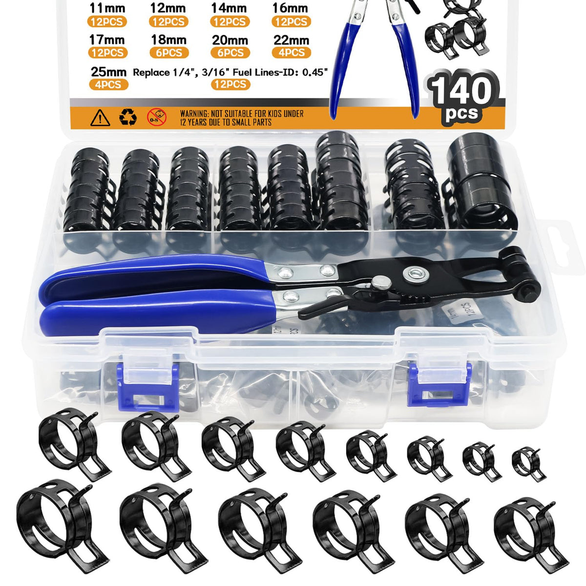 zDwfDc 14 sizes spring hose clamps stored in labeled box for quick selection