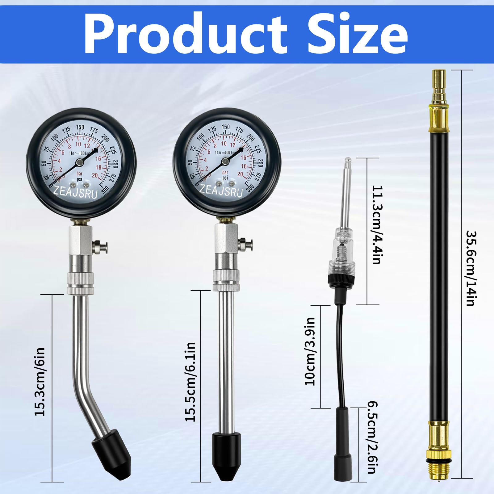 ZEAJSRU 300 PSI gauge close-up for precise engine readings.