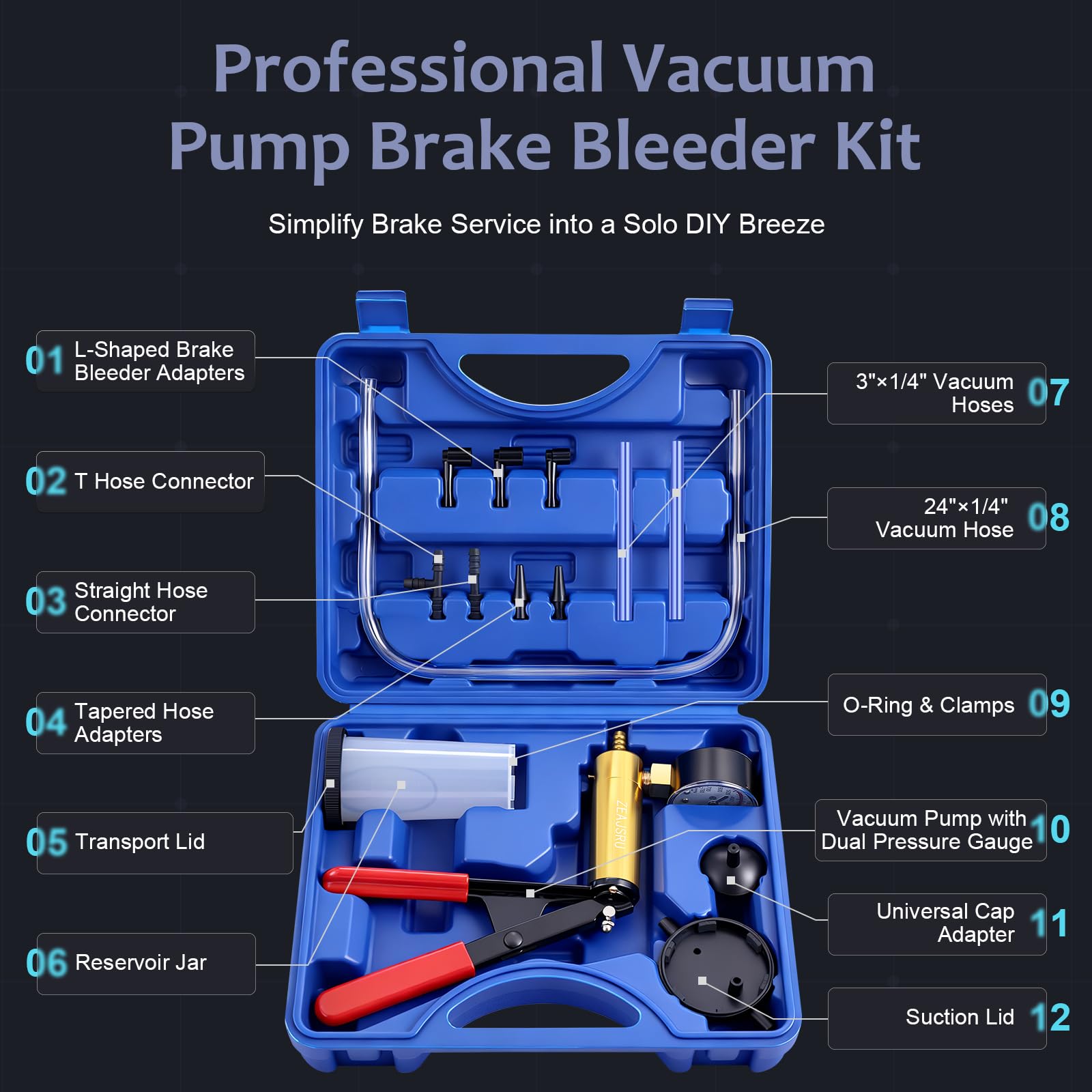 ZEAJSRU brake bleeder adapters in the kit simplify connecting fittings
