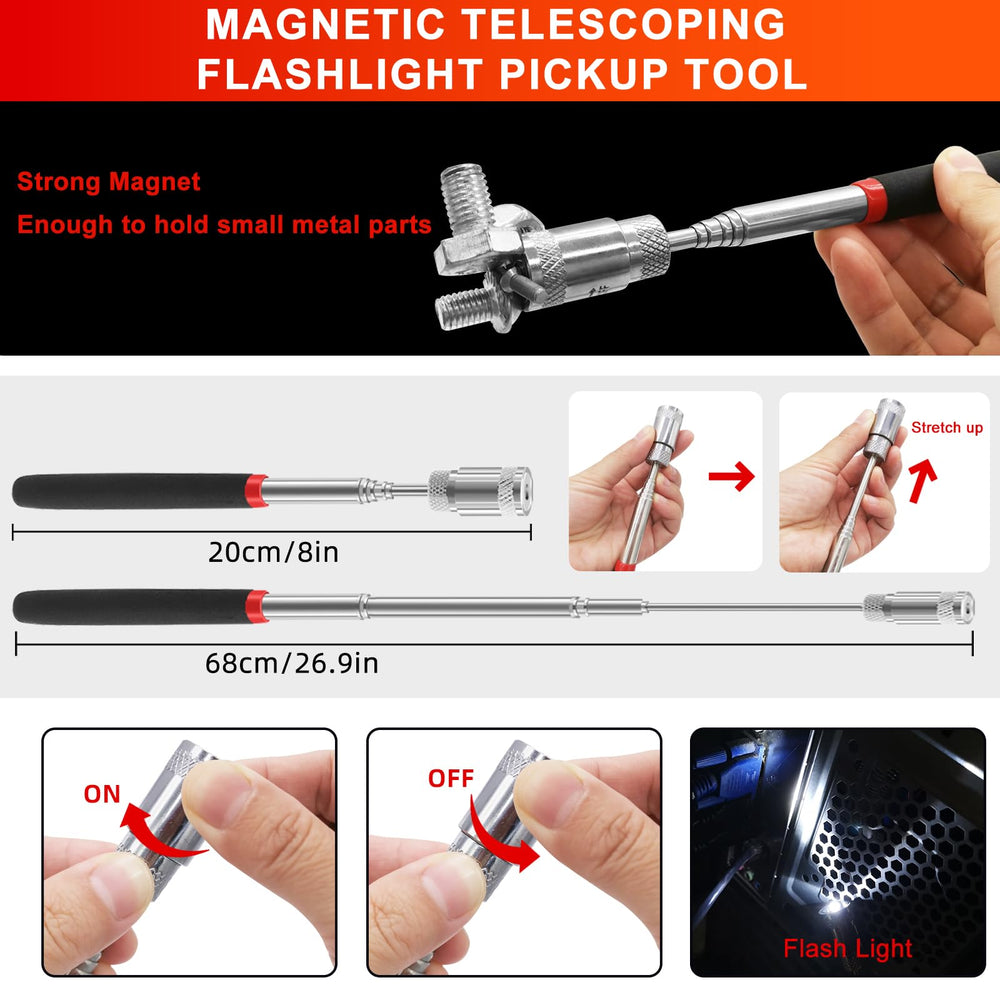 Zecirl telescoping magnetic pickup tool with LED illuminates dark work areas.